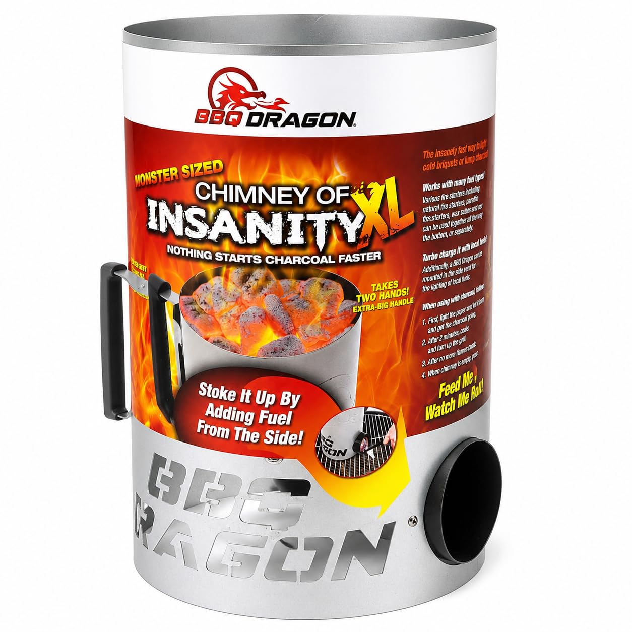BBQ Dragon Iniciador de carbón XL Chimney of Insanity | Chimenea rápida, Segura y fácil de Usar | Arrancador de Fuego para Parrilla de carbón | Acero galvanizado | Ventilación Lateral y Mango