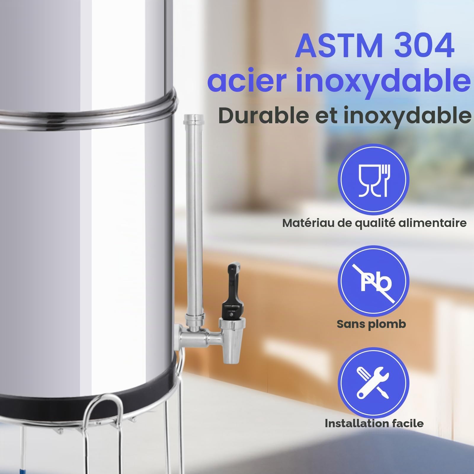 Robinet en verre de visée SUS304 en acier inoxydable de 17,8 cm compatible avec le filtre à eau par gravité Berkey de 3,8 l, et d'autres réservoirs de filtre Grivity avec boule flottante