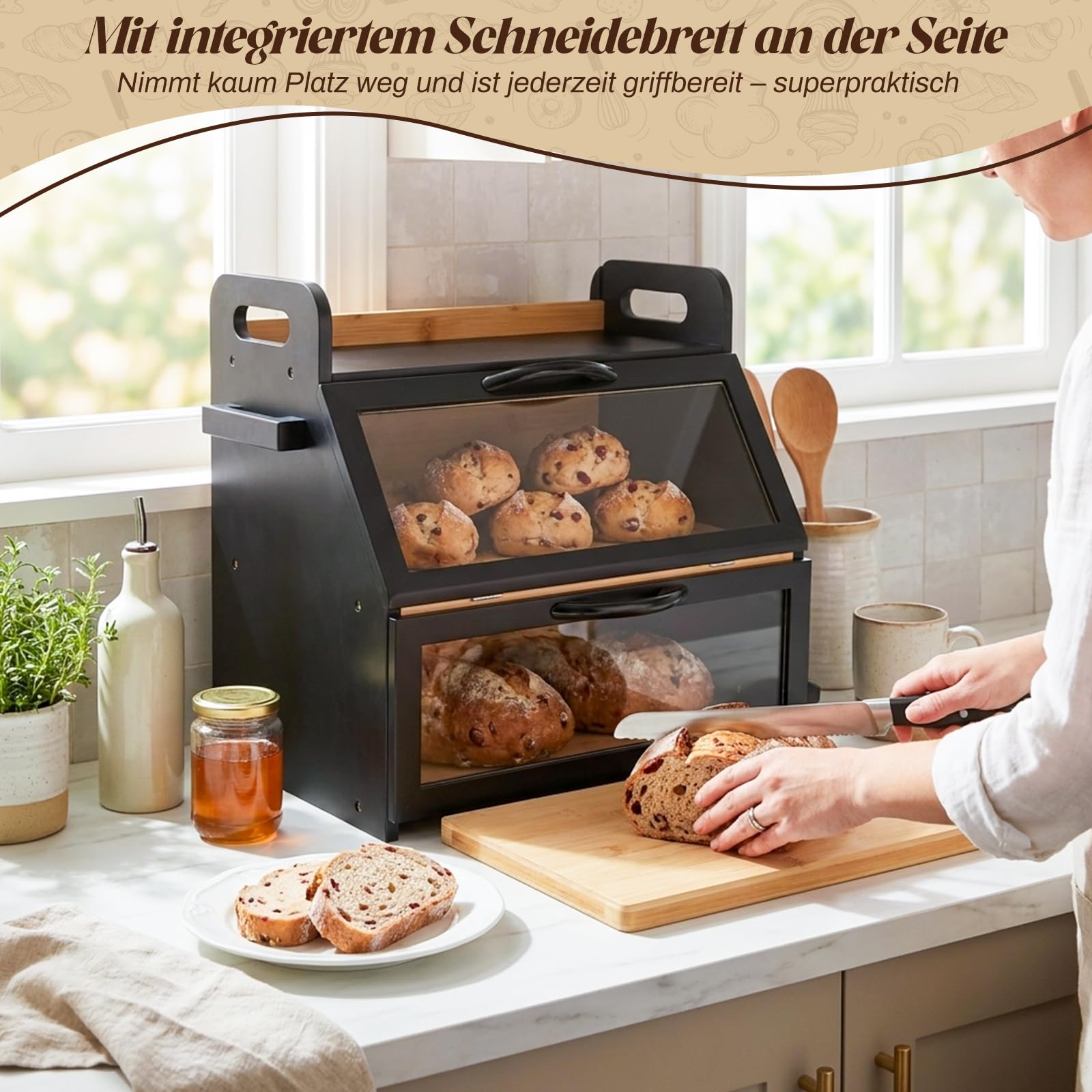 Bambus Brotkasten 2 Etagen Brotbehälter mit Brotschneidebrett und Brotzange, lebensmittelecht Brotaufbewahrung, Holz Brotbehälter für selbstgemachtes Brot, 40 x 26 x 37 cm, Schwarz