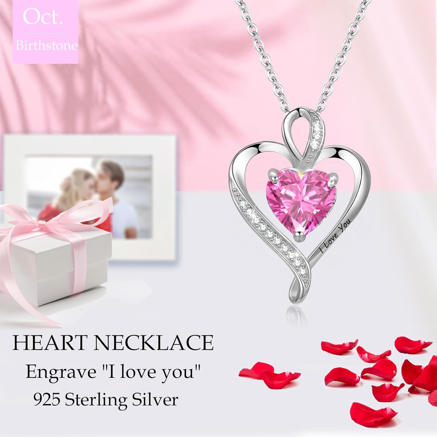 LAVUMO Heart Necklace for Women - I Love You 925 Sterling Silver Heart Birthstone Necklace, Jewelry Gift Box Set, Anniversary Birthday Gifts for Wife Mom Girlfriend Her - Image 3