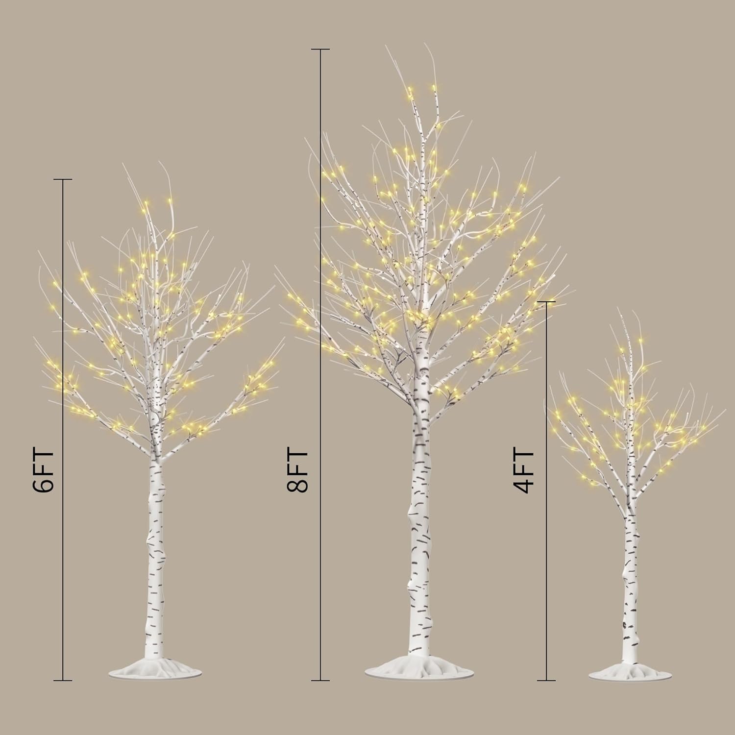 Outdoor Christmas Decorations Lighted Birch Tree Set of 3, LED Warm White 4, 6 and 8 Feet, for Indoor Christmas Decor, Party, Garden, Yard, Wedding, Holiday