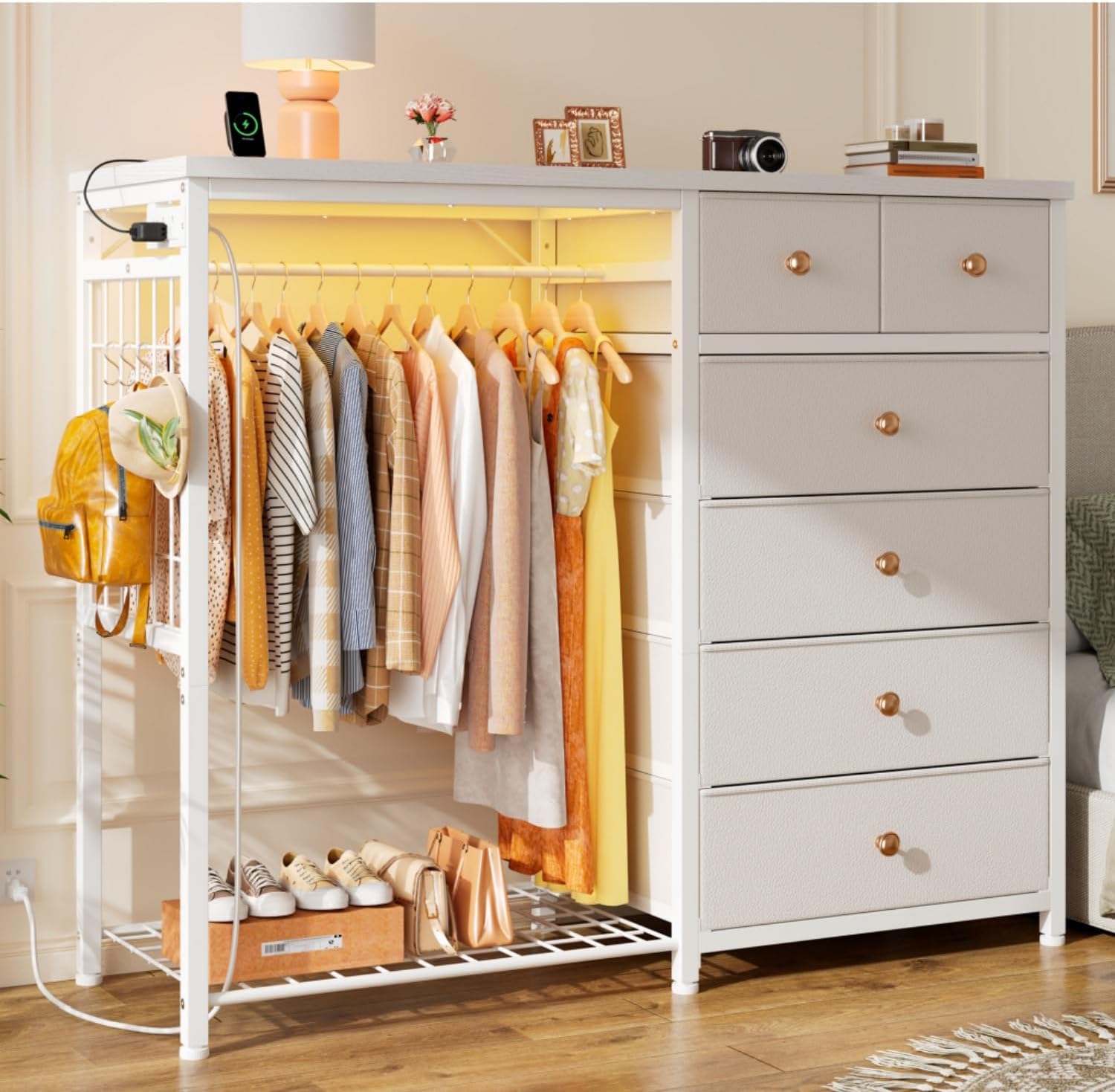 EnHomee 49.2" White Dresser with 6 Fabric Drawers, Hanging Rack, LED Lights & Charging Station - Bedroom Organizer with Hooks