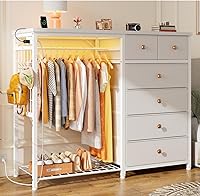 EnHomee 49.2" White Dresser with 6 Fabric Drawers, Hanging Rack, LED Lights & Charging Station - Bedroom Organizer with Hooks