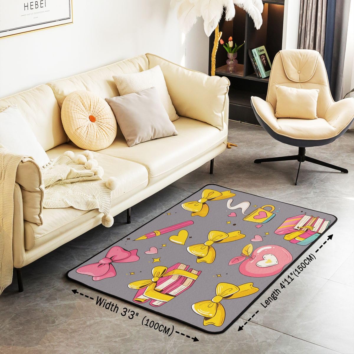 Homewish Bandschleife Teppich 150x200 Ästhetik Bleistift Teppiche Wohnzimmer Apfel Buch Kaffeetasse Sternmuster Rug Stilvoll Pflegeleicht Liebesherz Kawaii Mädchenhafte Schleife Carpet Living Room