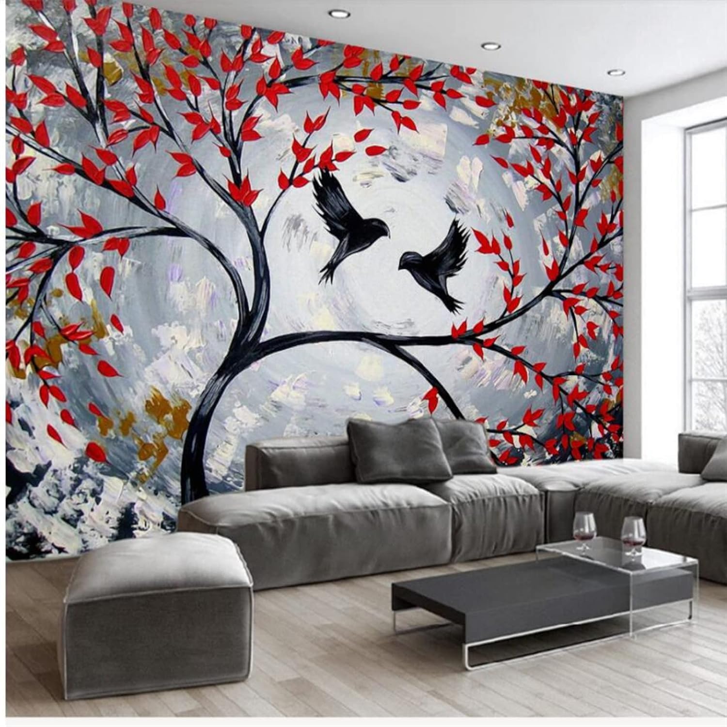 Papier peint photo 3D peler et coller avec motif oiseaux animaux de la forêt