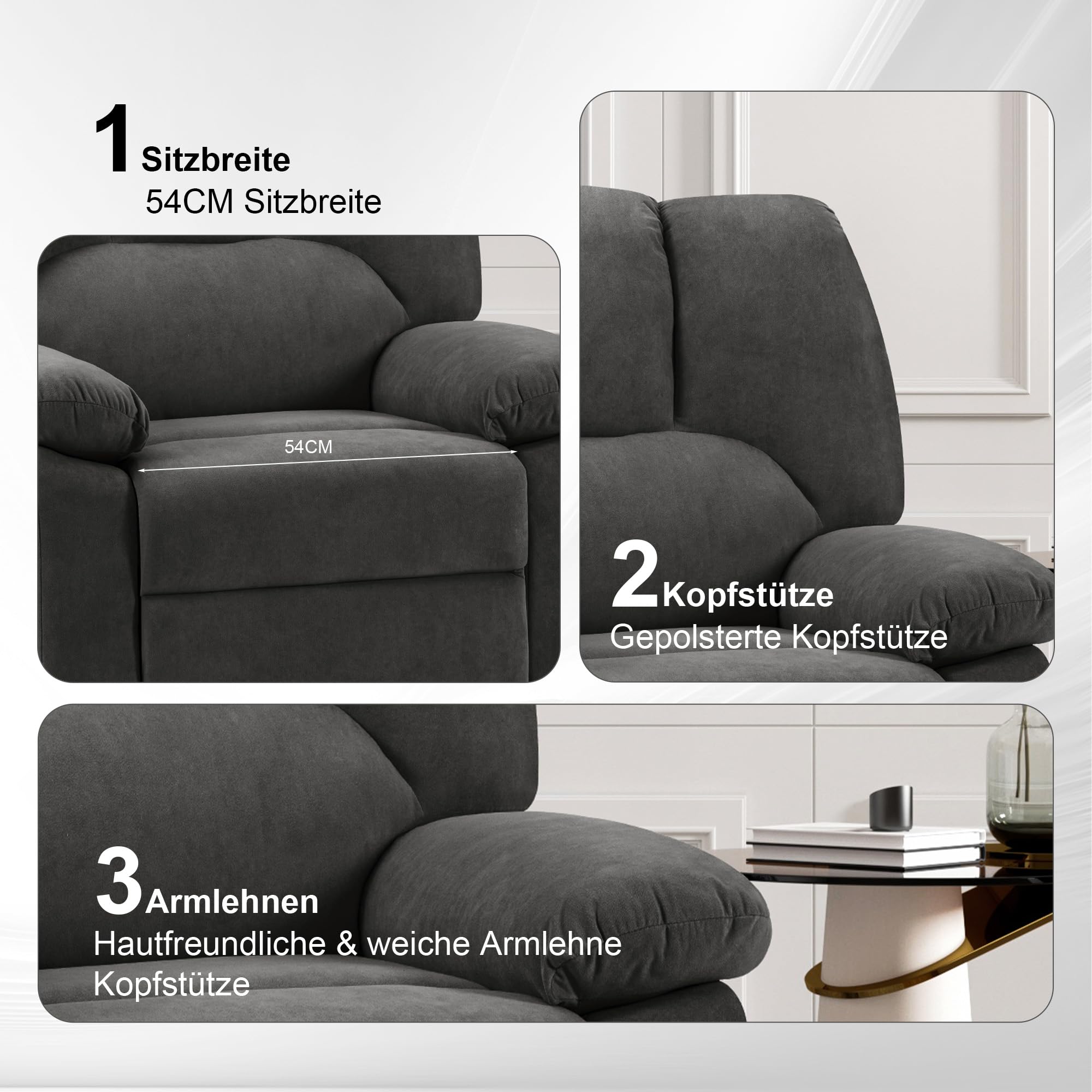 Relaxsessel mit Liegefunktion, TV-Sessel mit Seitengriff, 150 kg (Dunkelgrau)