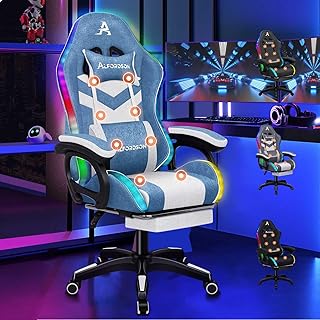 ALFORDSON Gaming Stuhl mit 8-Punkt Massage 12 Farben RGB LED-Licht, Bürostuhl Ergonomisch mit fußstützen, Kopfstütze Lendenkissen für Kinder Erwachsene, Stoffmaterial, Hellblau
