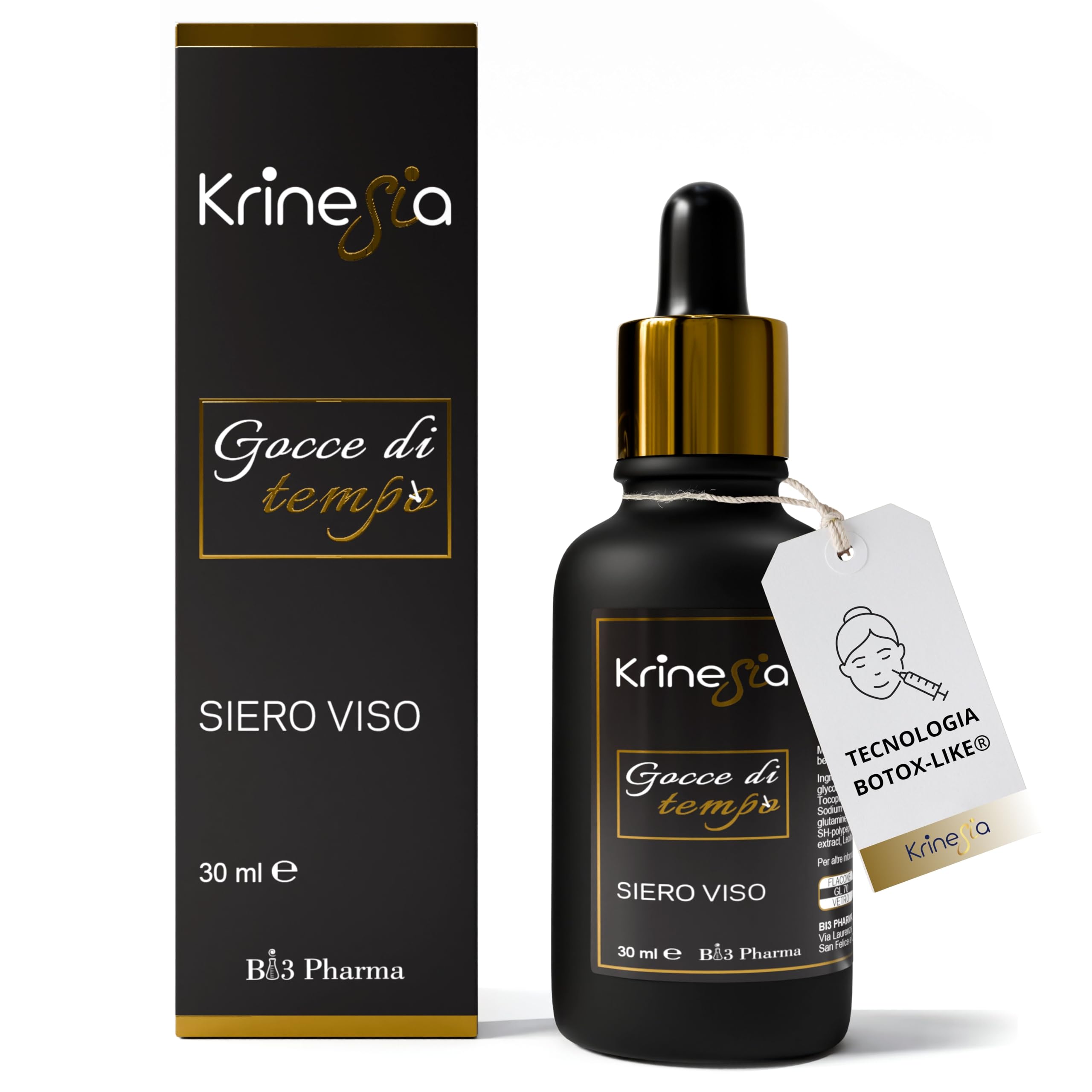 Krinesia Gocce di Tempo Hyaluronsäure Gesicht | Anti-Aging Hyaluronsäure Gesichtsserum mit Vitamin C, Bioplacenta und Botox-like® Proteinen | Feuchtigkeitsspendend, straffend, Made in Italy - 30 ml