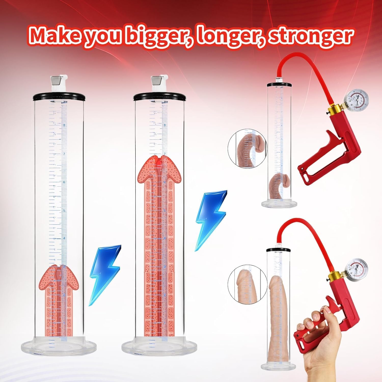 9"" x 1.75"" Penis Pump with Vacuum Gauge Red Handle, Vacuum Penis, Manual Penis Pump for Men, Enlargement, Penis Bigge Size