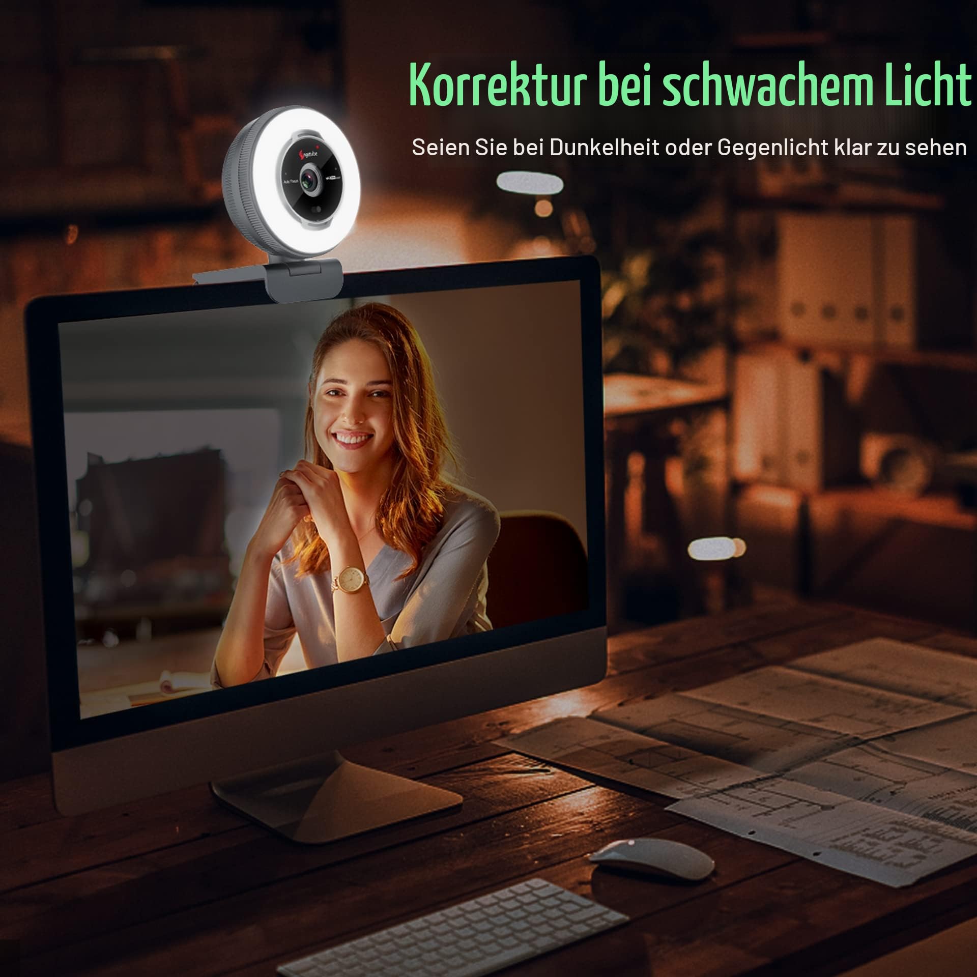 Angetube 60FPS 1080P Webcam mit Ringlicht - PC Kamera mit 5X Digitalzoom und Fernbedienung,Eingebaute Dual-Noise-Cancelling-Mikrofone und Sichtschutzabdeckung,Für PC|Computer|Laptop|Mac|Desktop
