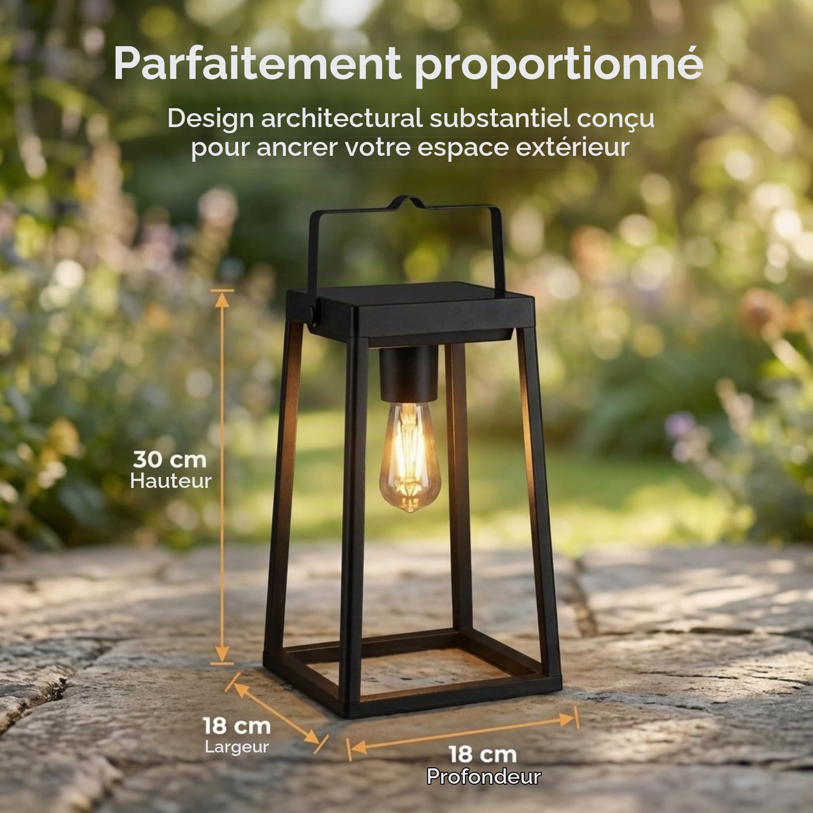Auraglow Lanterne de Jardin Solaire et USB, Ampoule Filament Vintage | Lampe de Table Sans Fil Rechargeable, 48h d'autonomie, option Crépusculaire, aluminium noir mat, lueur rétro LED