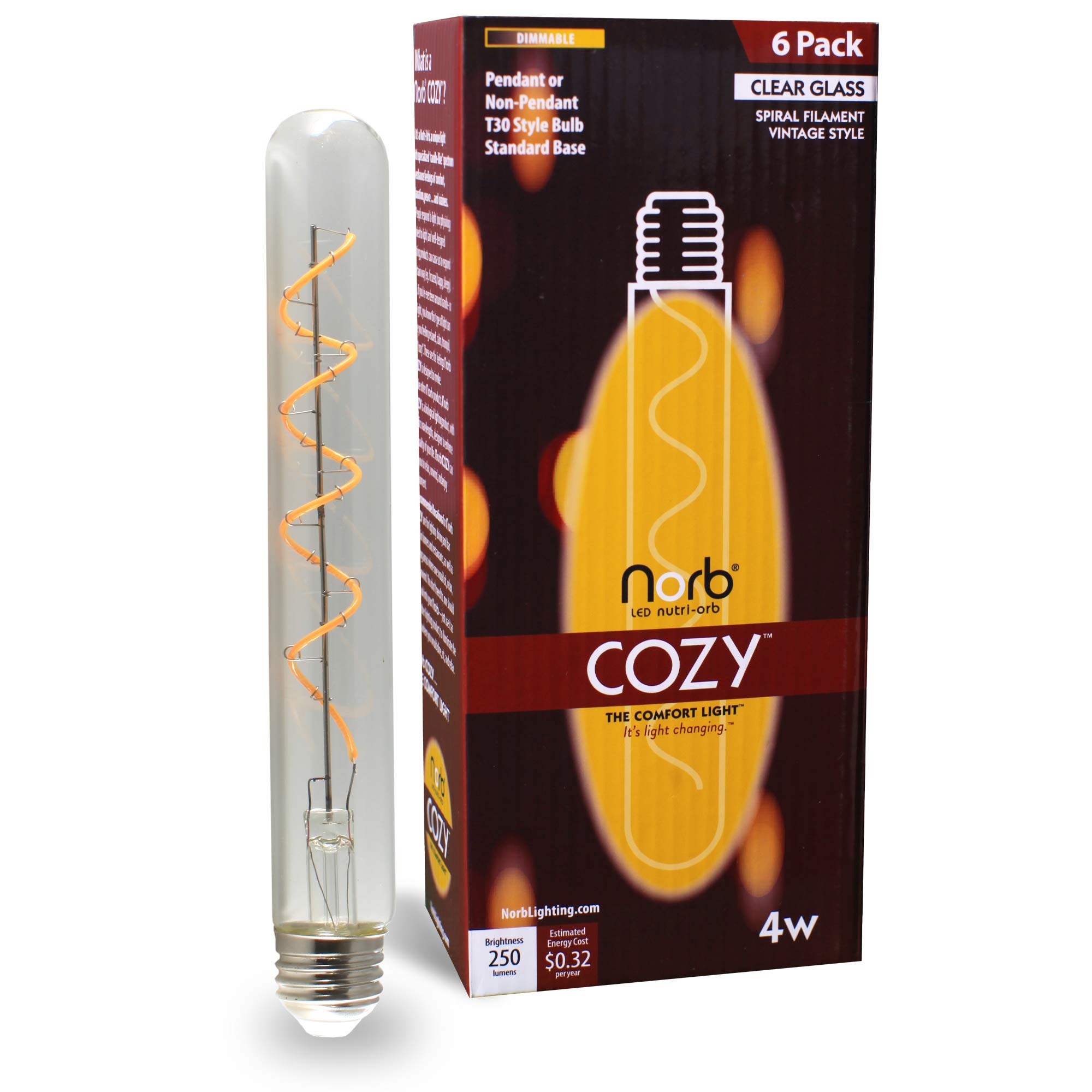 NorbCOZY 4W Vintage Test-Tube Style LED Bulb. Candle/Fire-Light Spectrum for Peace & Comfort. Use Upright or Pendant, Clear Glass, Standard Base, 1.18 in. x 7.75 in. Long Inserted, Dimmable (6-Pack)