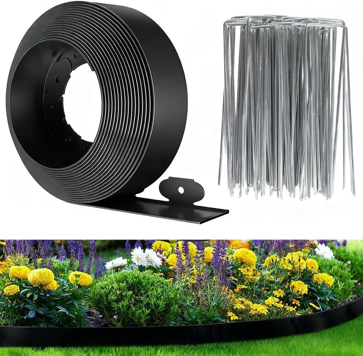 40Ft 3IN Landscape Edging,Garden Edging Border Kit with 60pcs Metal Stakes,Plastic Edging for Landscaping, Flexible Tool-Free Lawn Border for Flower Bed,Yard,Tree,Grass,Pathway-Black