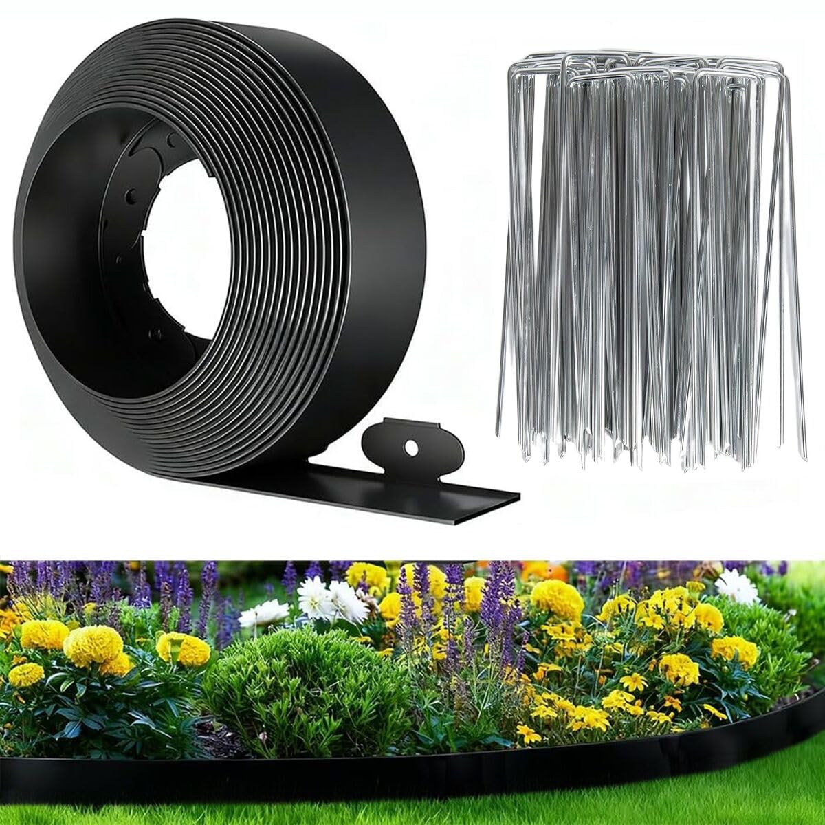 49Ft 3IN Landscape Edging,Garden Edging Border Kit with 75pcs Metal Stakes,Plastic Edging for Landscaping, Flexible Tool-Free Lawn Border for Flower Bed,Yard,Tree,Grass,Pathway-Black