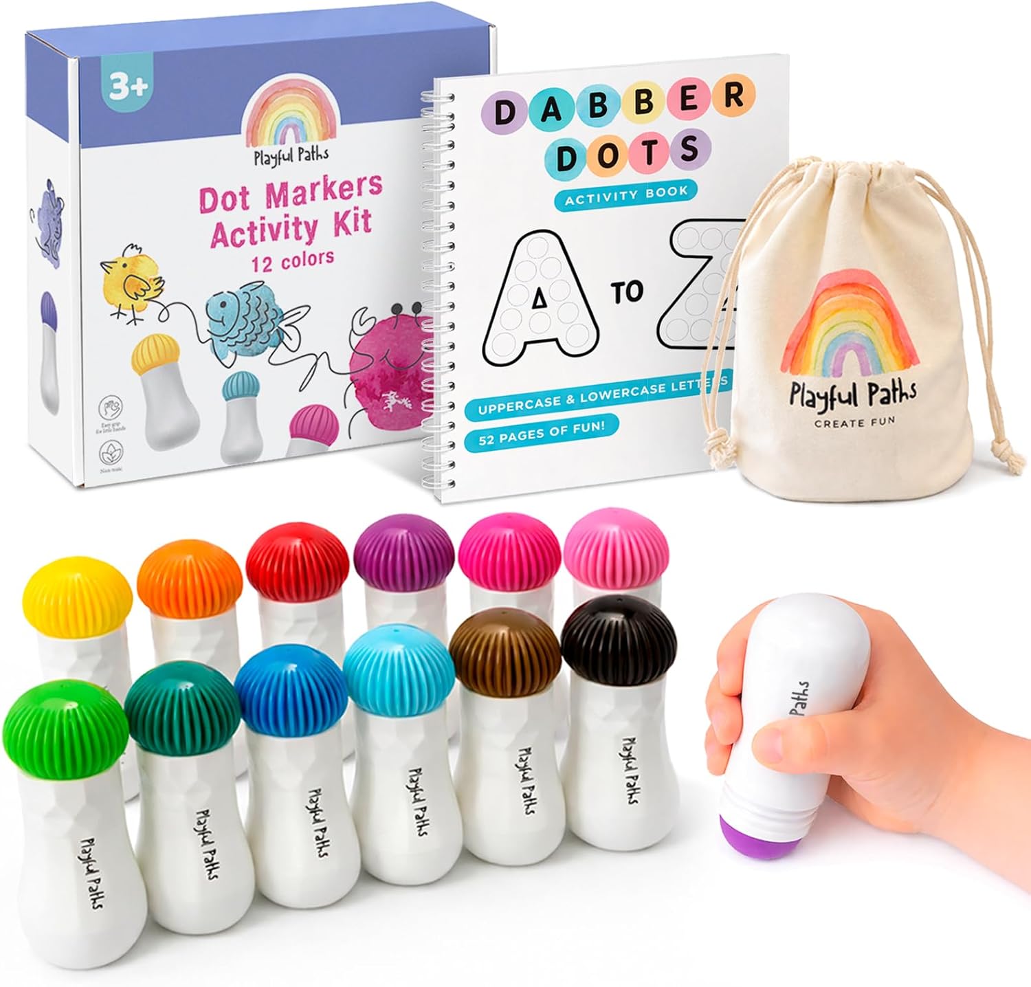 Playful Paths Dot Markers Activity Kit for Toddlers and Kids, 12 washable colors, Dot Paint Set With Free Activity Book, dot paint markers, washable markers for toddler, washable dot paints for kids