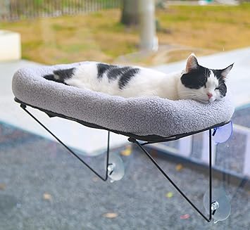 Zakkart Cat Window Perch - 100% Metal Supported from Below - Comes with Tailored Spacious Pet Bed - Cat Window Hammock for Large Cats & Kittens - for Sunbathing, Napping & Overlooking (Grey)