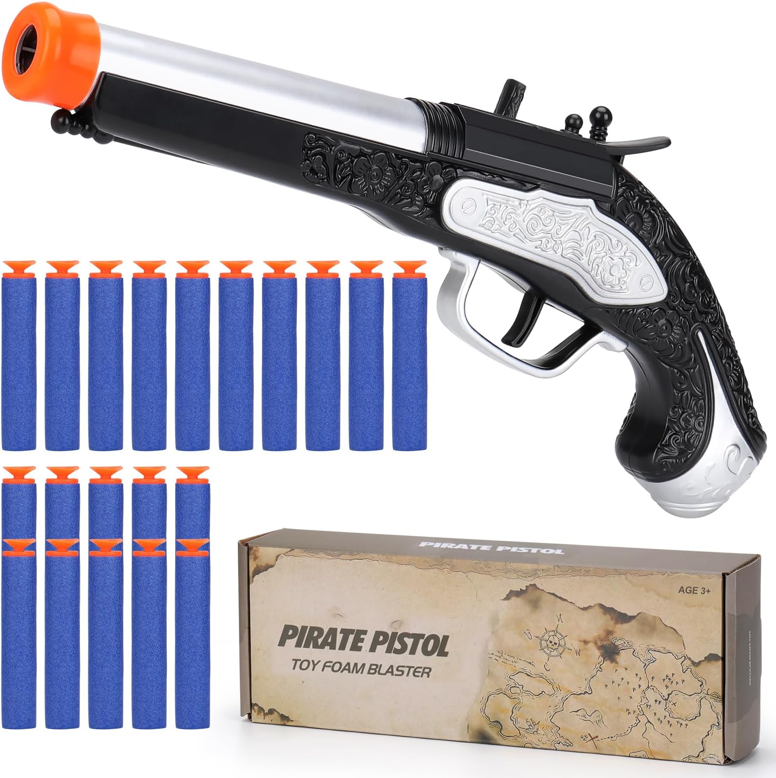 Pirate Toy Foam Blaster for Kids Boys Pirate Flintlock Pistol Toy with 20 Foam Darts Pirate Costume Play Accessories Halloween Pirate Cosplay Gift for 3 4 5 6 Year Olds Boys, Silver