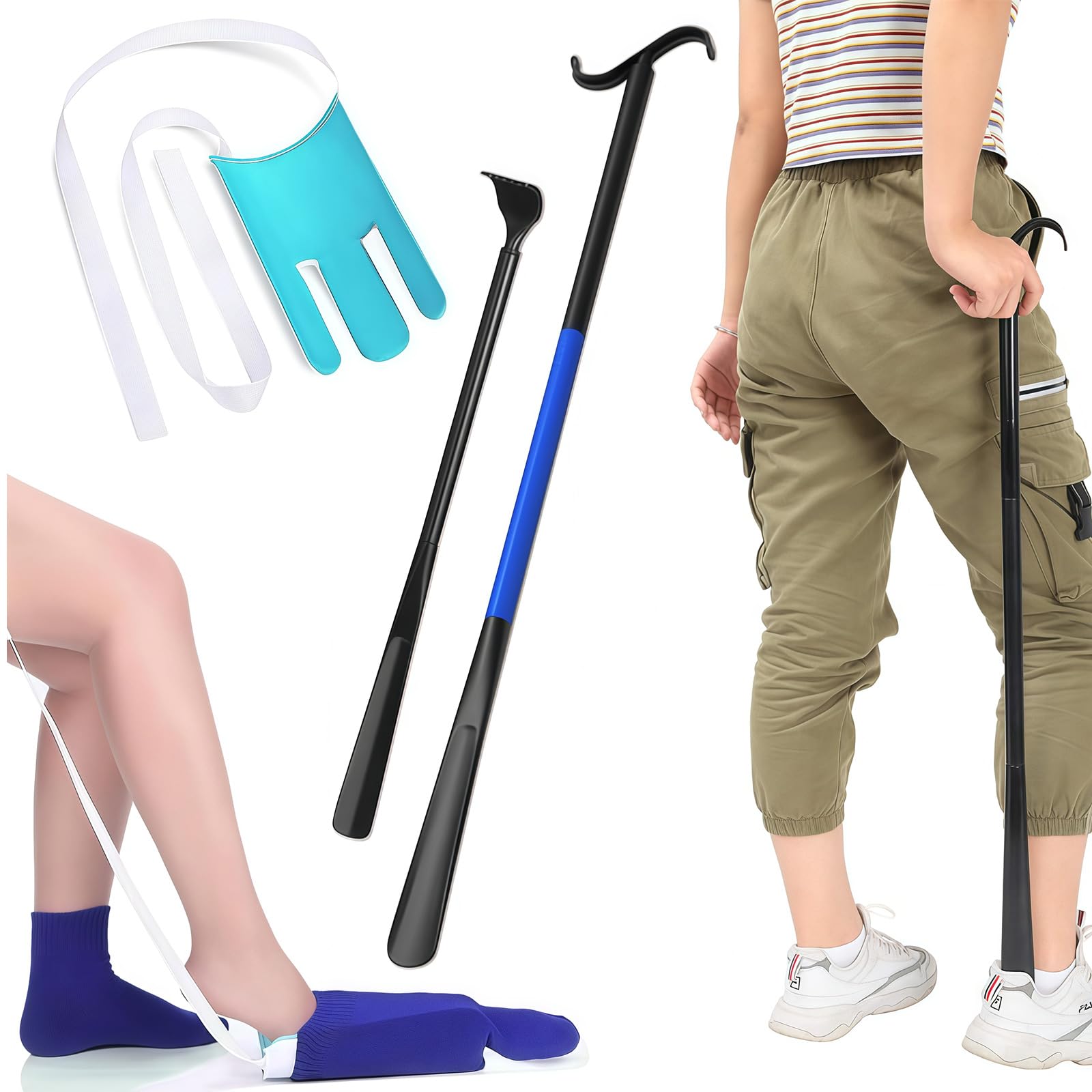 Anziehhilfe para calcetines, asistente de calcetines para fácil colocación sin agacharse, dispositivo con calzador ajustable y mango largo, rascador de espalda para ancianos, personas con