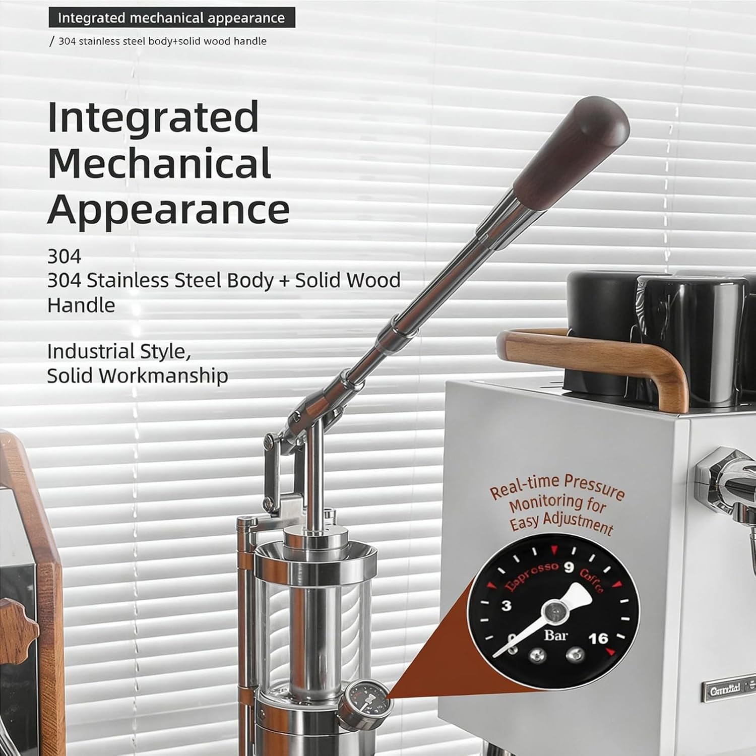 Cafetera espresso manual de acero inoxidable prensado a mano con portafiltro de 58 mm, capacidad de agua de 345 ml, para capuchino, latte, viajes en casa