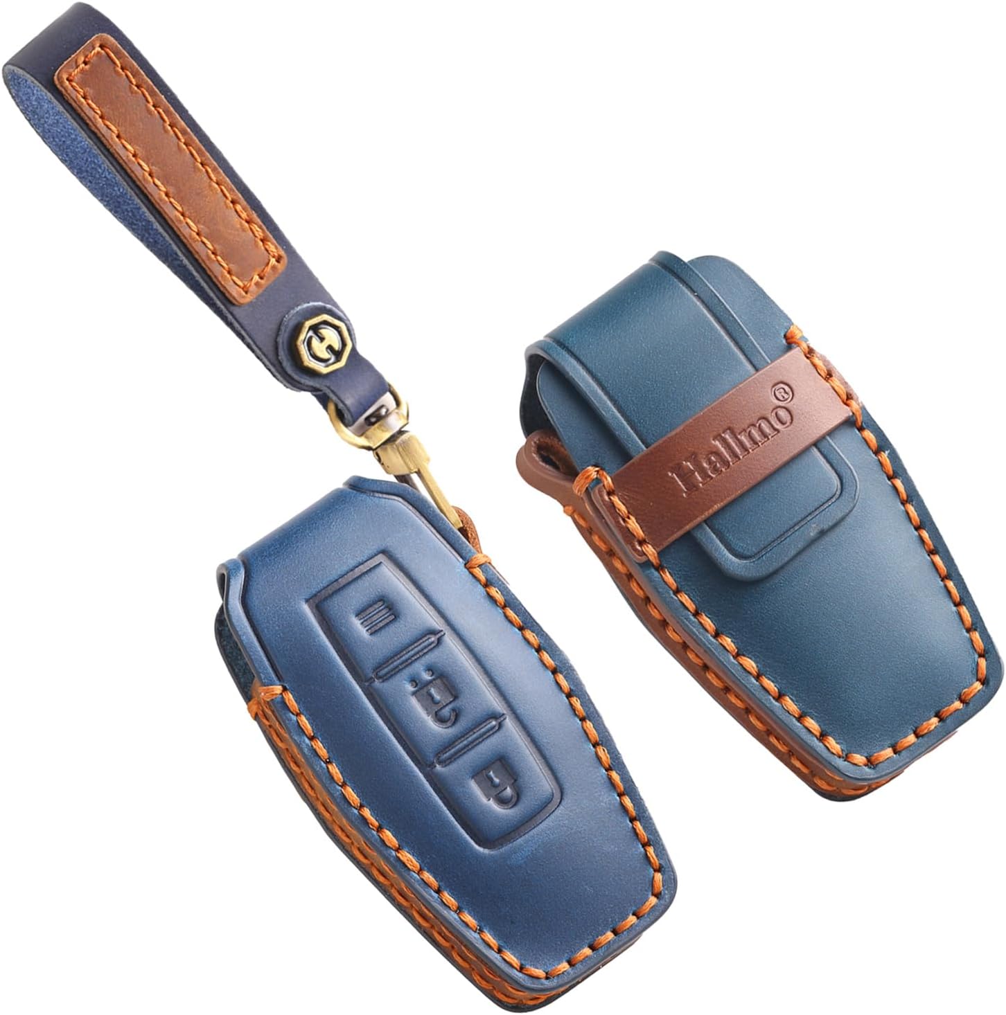 HIBEYO Customizable Key Fob Cover Compatible with Mitsubishi Outlander 2022 2023 2024 Accessories Genuine Leather Personalized Keychains-C Type Blue