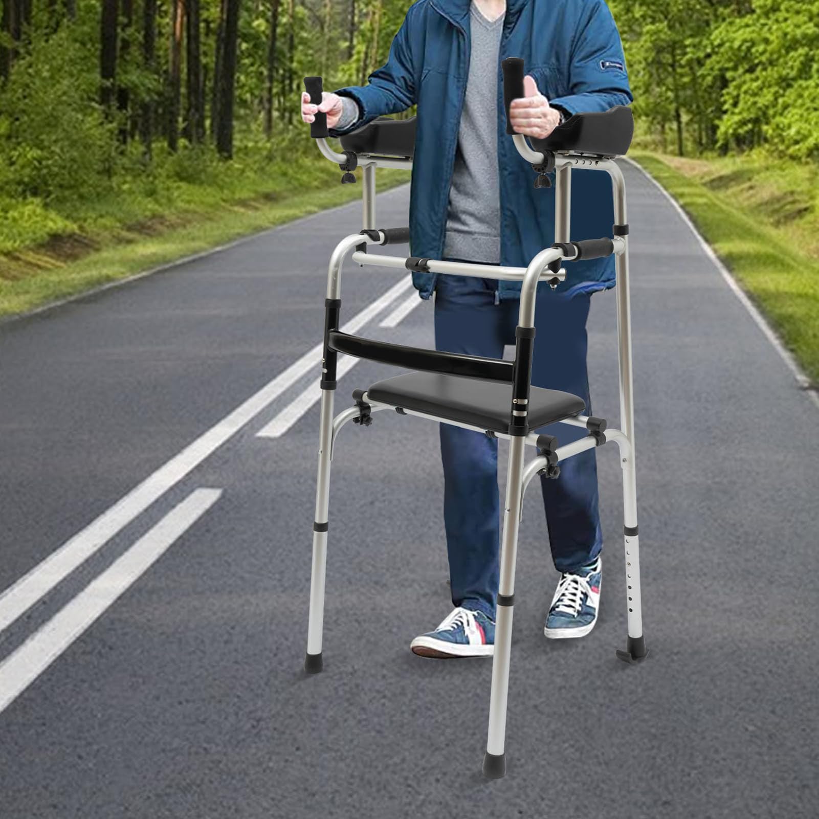 Składany rollator, lekki chodzik stojący z siedziskiem i podłokietnikami, pionowy chodzik dla seniorów, chodzik dla seniorów i dorosłych, stojak rehabilitacyjny