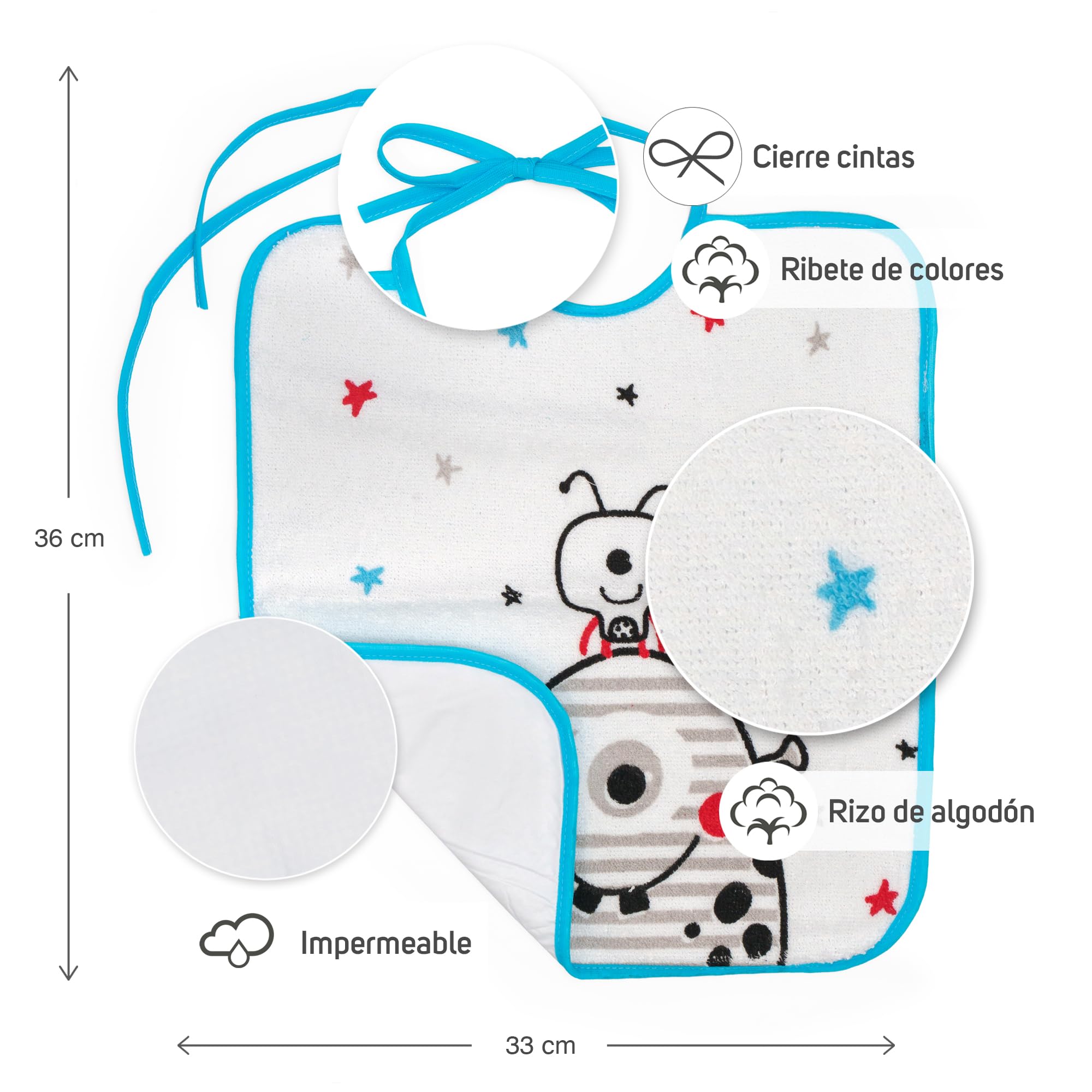 Ti TIN Pack 4 Baberos Bebé Impermeables 36x33 cm, +12 Meses | Rizo de Algodón Suave, Absorvente, Forro de Vinilo, Cierre con Cintas, Lavadora y Secadora, Ideal Guardería