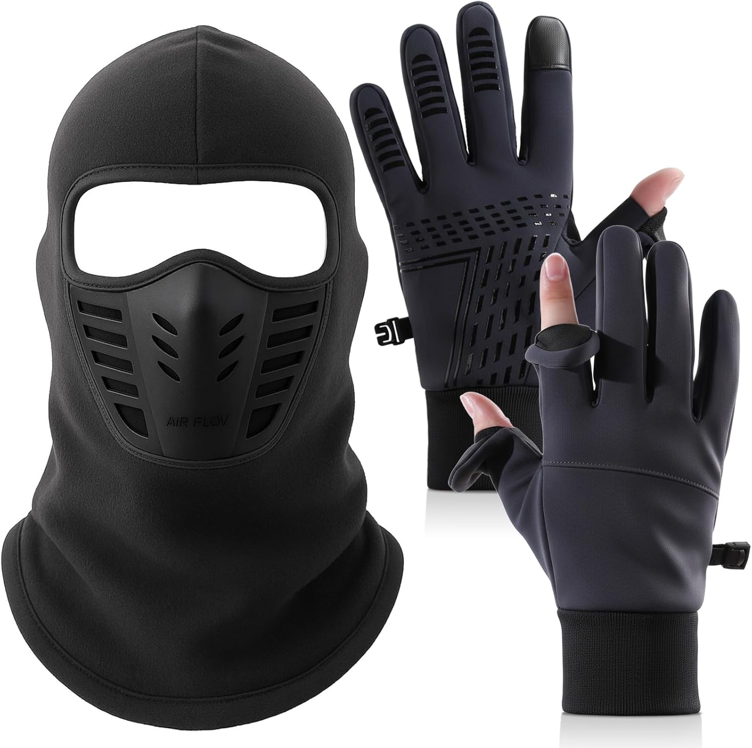 Frienda 2pcs Winter Balaclava, Face Mask Thermal Touchscreen Gloves Set Windproof Warm Face Mask Fingerless Fishing Ski Gloves for Men Women