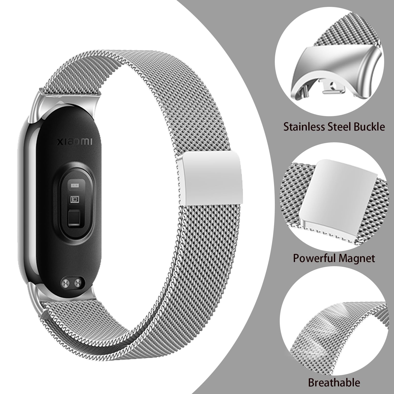 Harikiri Magnetic Straps Compatible with Xiaomi Mi Band 9/8,Metal Replacement Strap for Women and Men, Silver, 140-215 mm - Image 3