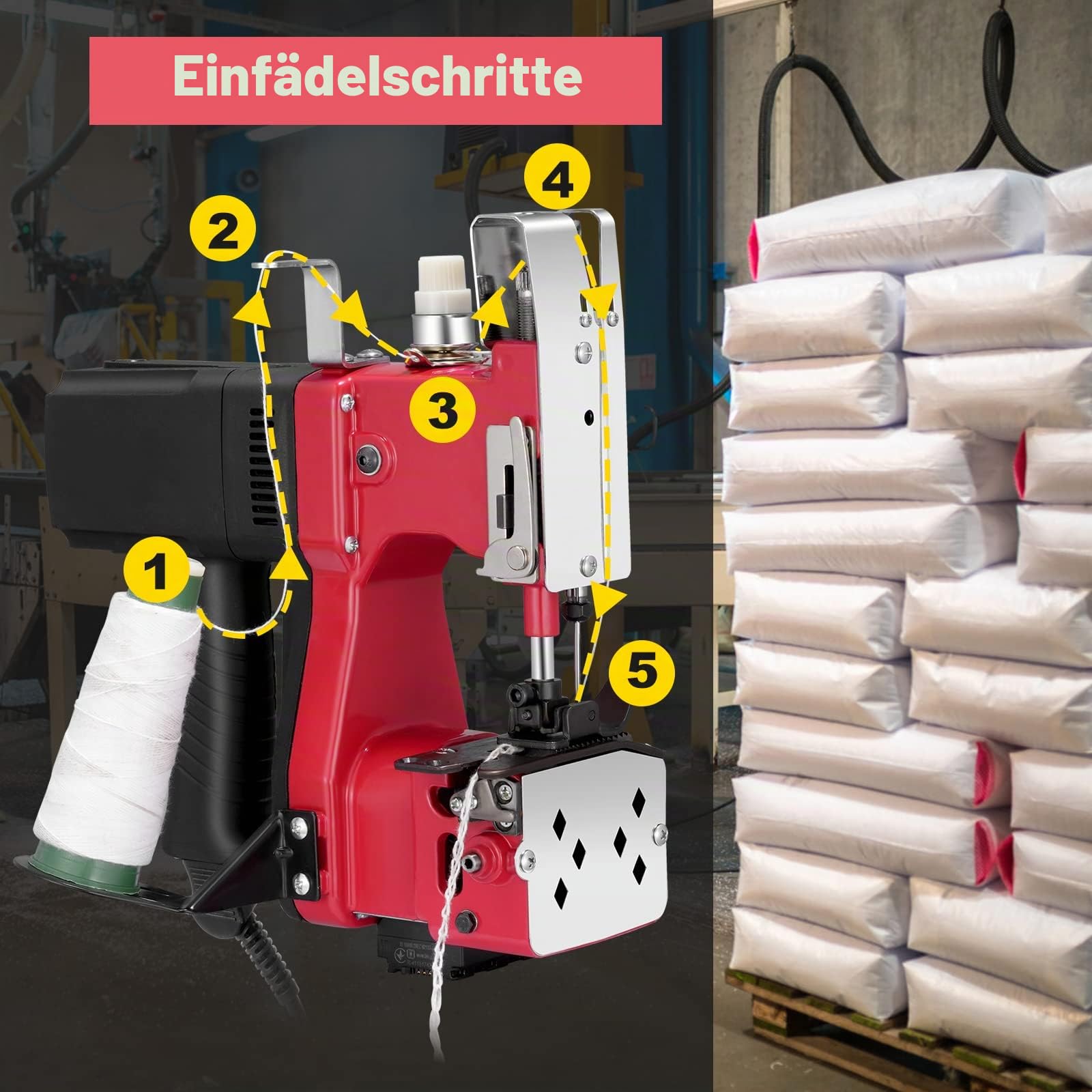 sacknähmaschine 220 V Tragbare Nähmaschine für 2 Sekunden/Sack,Sacknähmaschine für Taschen/Stoff/Reis/Papier/Plastiktüten Nähmaschine