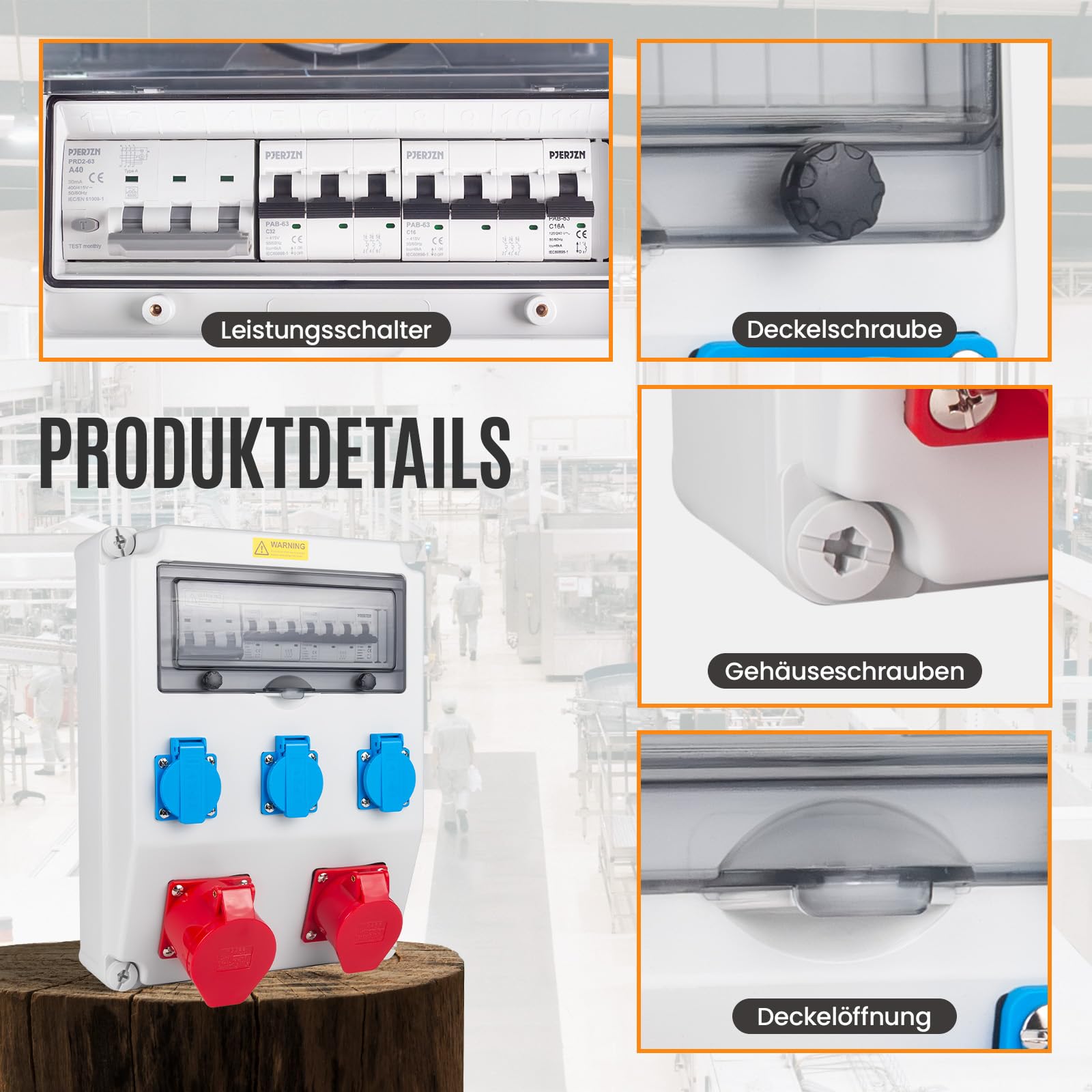 Industrieverteiler für Baustellen FI/LS Schutzsystem IP65 Gehäuse mit Steckdosen IP44 für Baustellen Industrie (1X32A 3X16A 1X40A LS+FI)