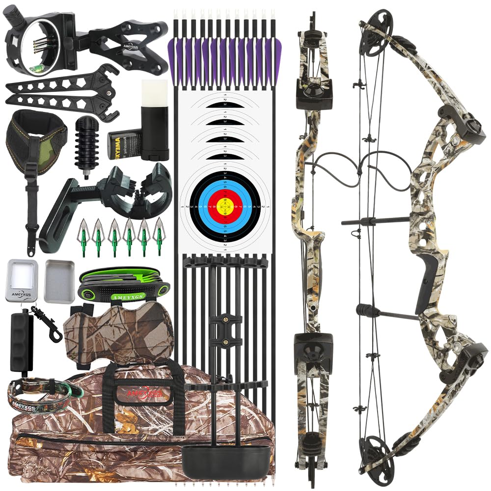 Compoundbogen Set Erwachsene Rechtshand 30-55 lbs Einstellbar, IBO 310 FPS 24-29,5 Zoll Auszugslänge, Jagd Sportbogen Komplettset mit Carbonpfeilen für Anfänger Bogenschießen Training