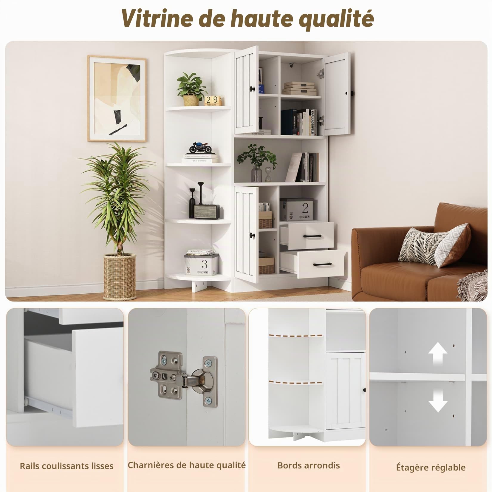 Meuble Cuisine,Armoire de Rangement 104x35x155,Placard Rangement,Buffet Cuisine,Commode Chambre,Vaisselier Salle a Manger avec 3 Armoires,2 Tiroirs,étagères Ouvertes,Blanc