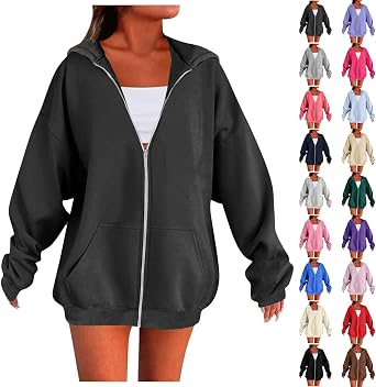 Womens Zip Up Hoodies Oversized Fall Winter Sweatshirts 2025 Long Sleeve Lightweight Casual Y2K Jackets With Pockets