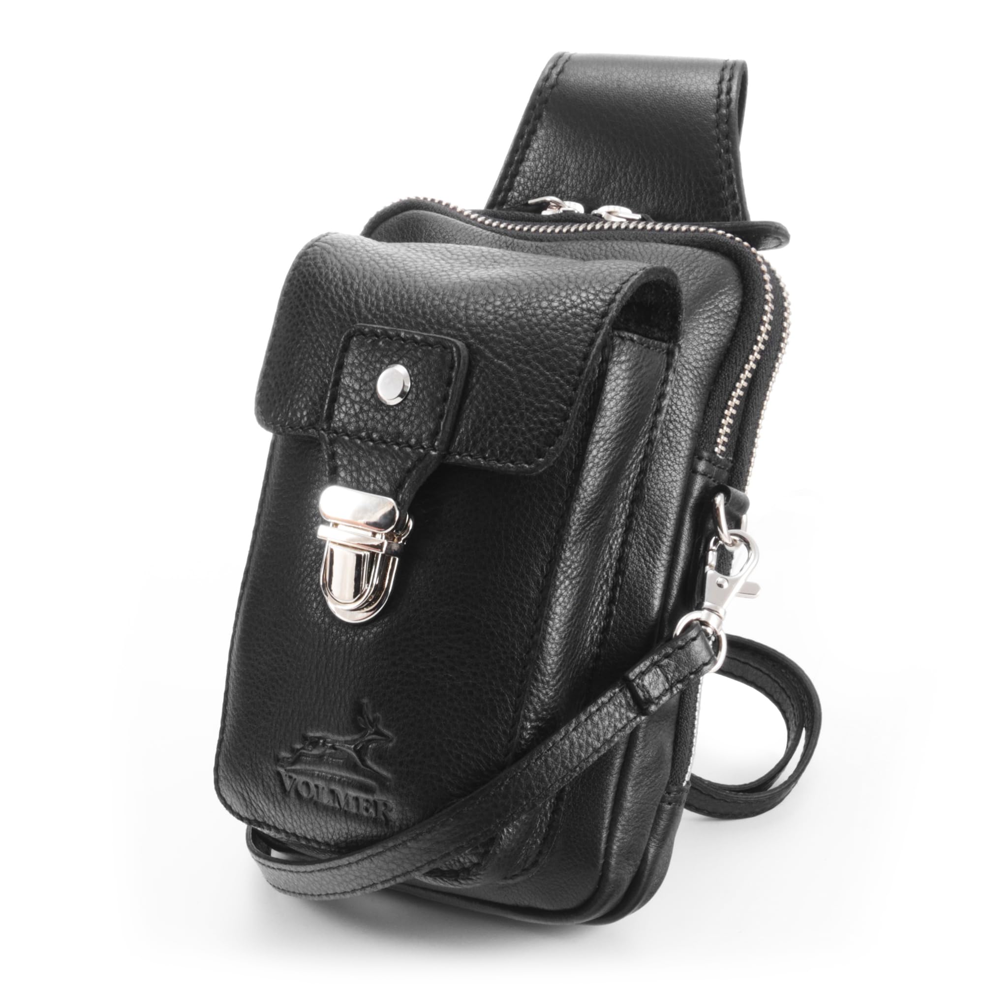 Fa.Volmer ® Ledertasche mit mehreren Verschlussfächern | Gürtelschlaufe | Verstellbarer Tragegurt | Leckerli-Tasche | Modell: UrbanWalker