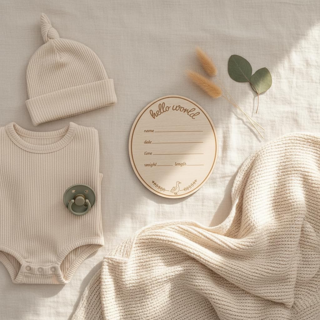 Kate & Milo Wooden Hello Baby Birth Announcement Photo Prop, Goose Design, Personalized Newborn Milestone Sign for Hospital and Newborn Photos