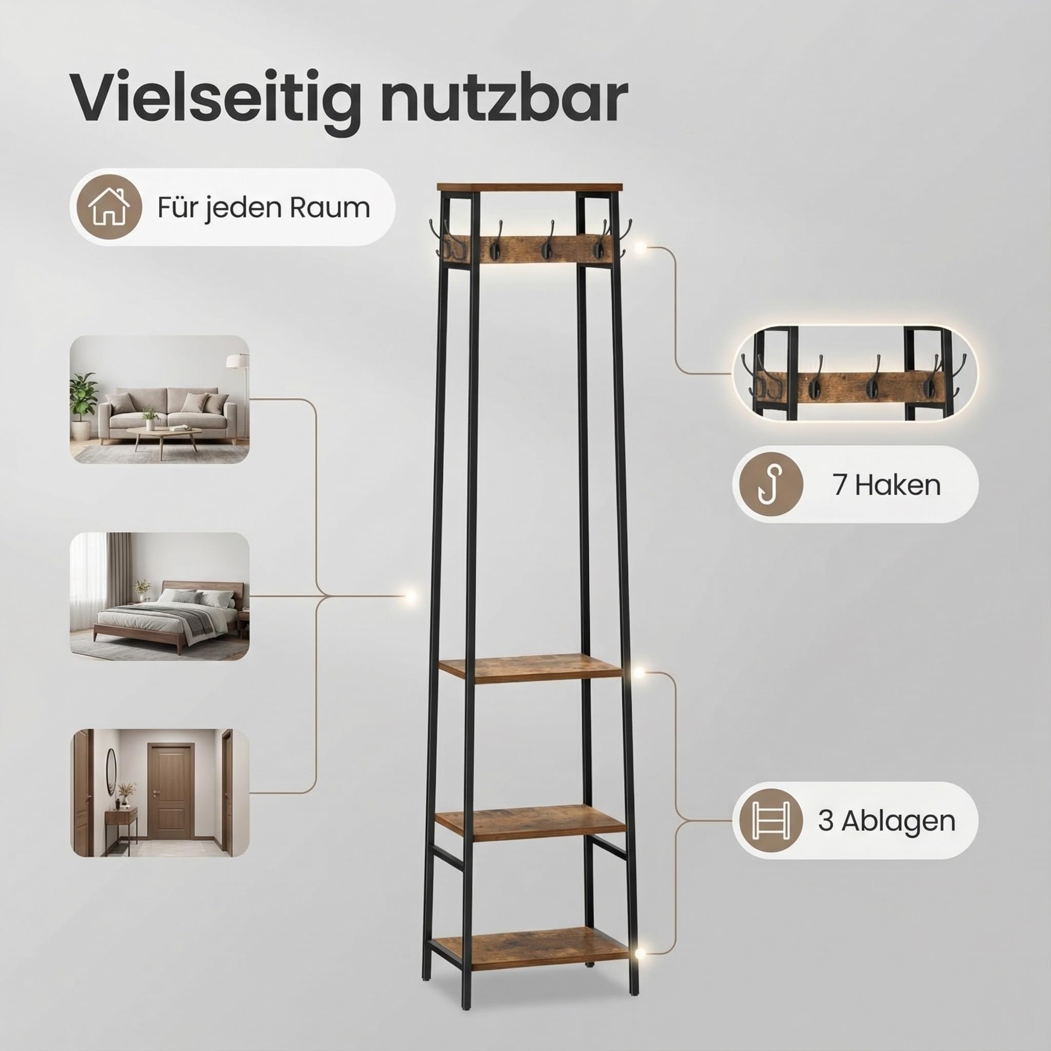 Freistehender Garderobenständer, Garderobe mit 3 Regalen und 7 Haken, Hall Tree Stehorganizer, Kleiderständer Organizer, Industriestil, Rustikales Braun & Schwarz