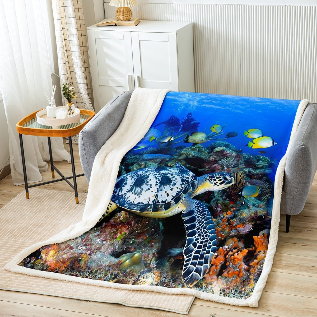 Colorful Sea Turtle Fleece Throw Blanket for Sofa Couch Bed 3D Reptile Printed Sherpa Blanket Ocean Marine Themed Warm Plush Blanket Fish and Coral Fuzzy Blanket Throw 50"x60" Multi 35 50"x6