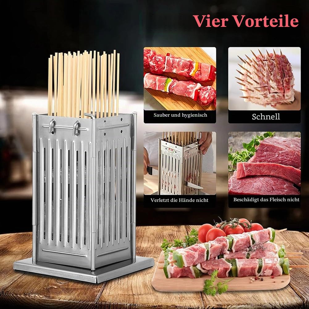 49 Löcher Edelstahl Fleischspießmaschine Kabob Maker Box BBQ Tool mit 100 Bambusstäbchen Einstellbare Höhe Rind Hammel Fleisch Grillmaschine für Küche Barbecue Shop Picknick