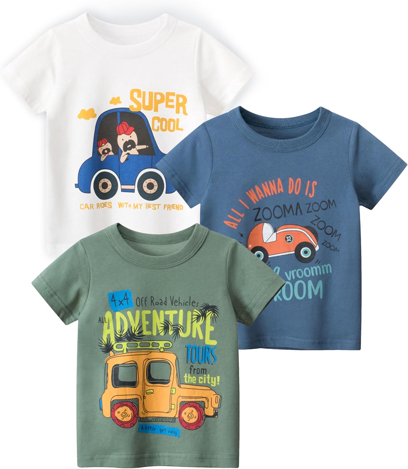 GFQLONG 3 Pack Toddler Boy Graphic Shirts, Dinosaur Short Sleeve Cotton Tshirt, Kids Summer Cars Tees Top Clothes