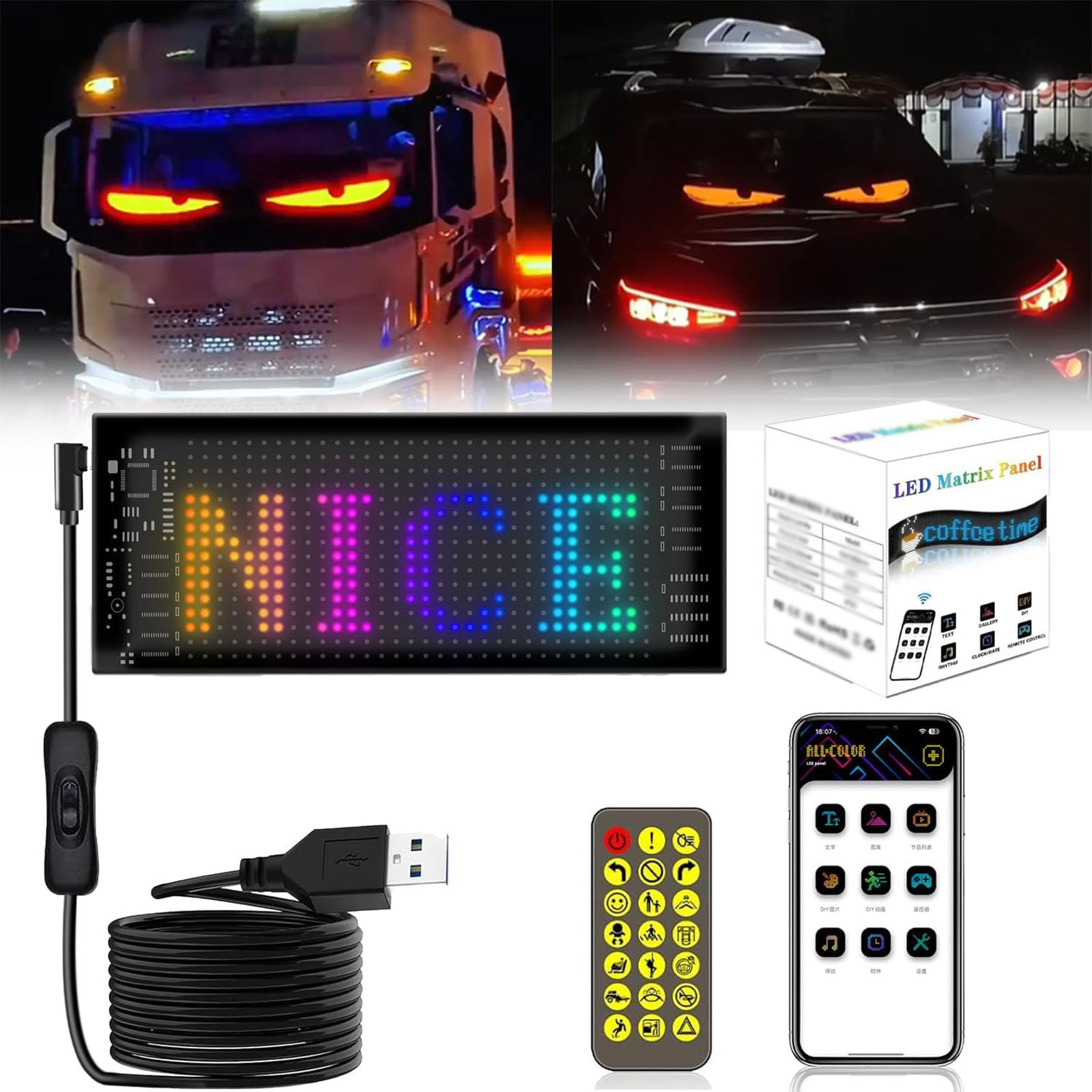 PLOTSAGE Colorful Eye Lamp Soft Screen for Car Windows, DIY Car Dynamic LED Smart Colorful Eye Lamp Soft Screen, Programmable Flexible Matrix Screen for Car,Black,70mm*173mm