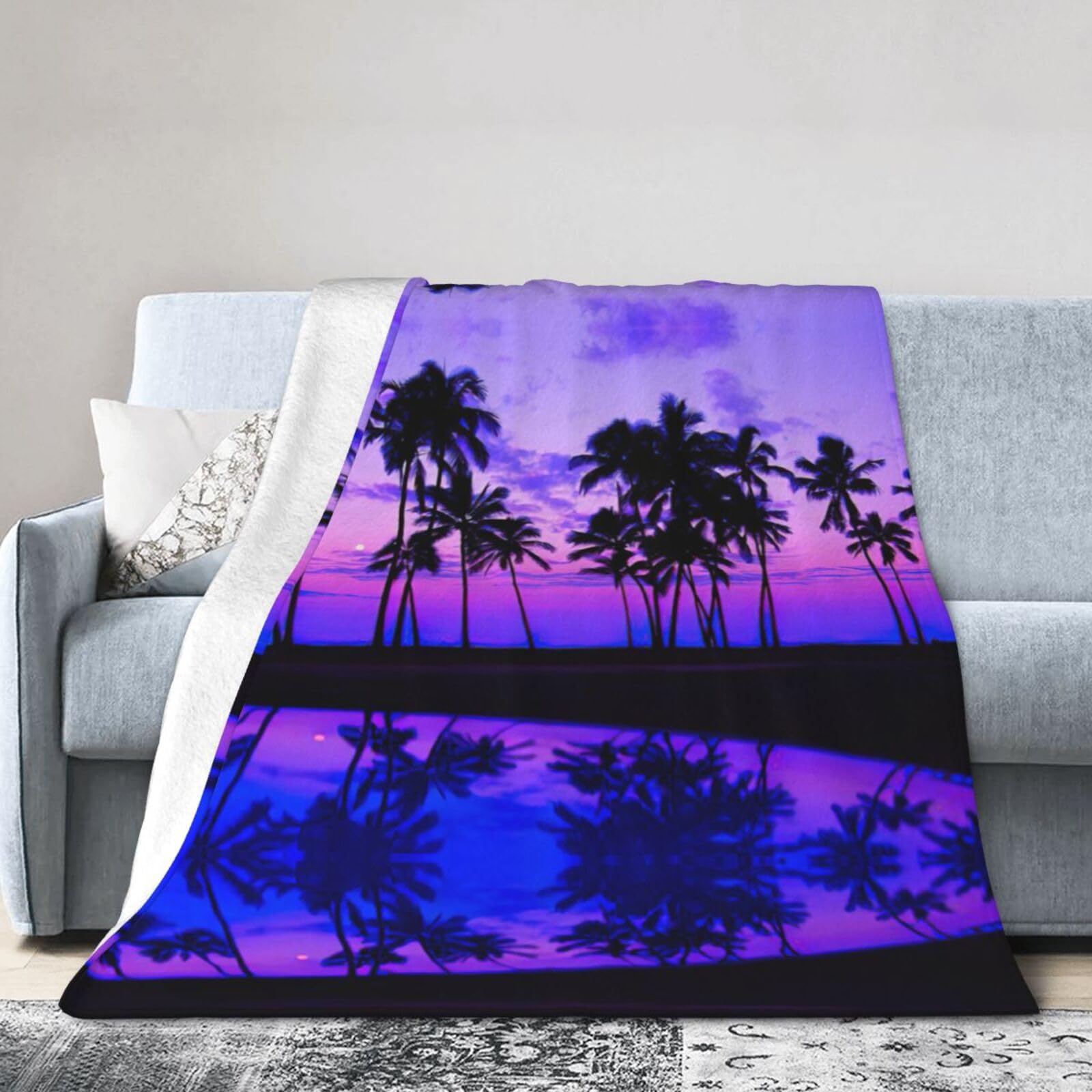Uusnwaa Soft Cosy Fleece Warm Throw Palm Tree Purple Sunset Print Blanket