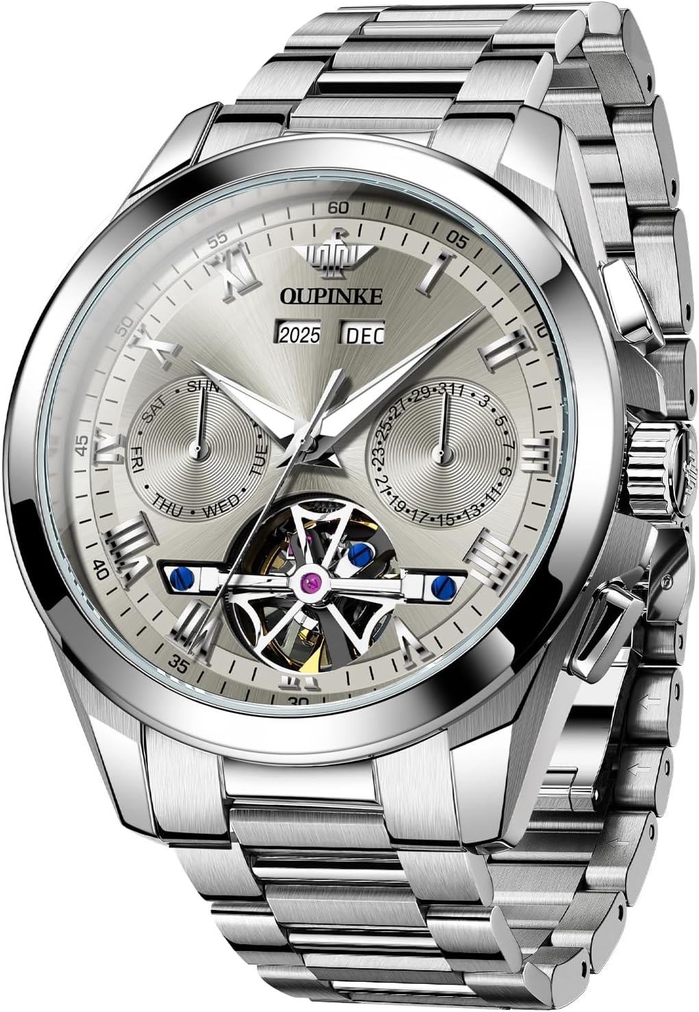 OUPINKE Watch for Men Automatic Wristwatch Sapphire Crystal Calendar Skeleton Luminous 3D Dial with 5ATM Waterproof Luxury Tungsten Steel Strap