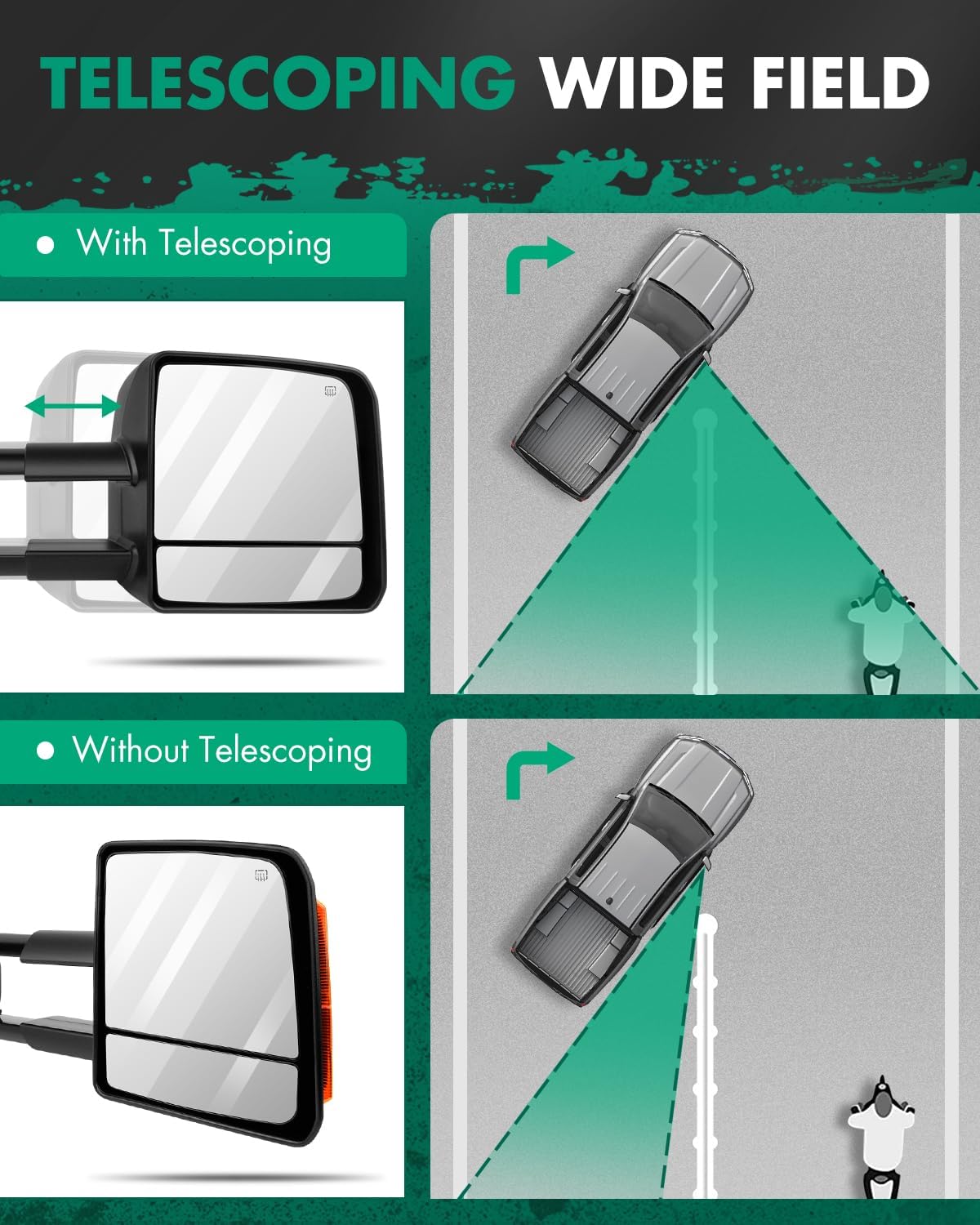 SCITOO fit for Toyota Towing Mirrors Black Rear View Mirrors fit 2007-2016 for Toyota for Tundra Truck with Larger Glass Power Control, Heated Turn Signal Manual Extending and Folding