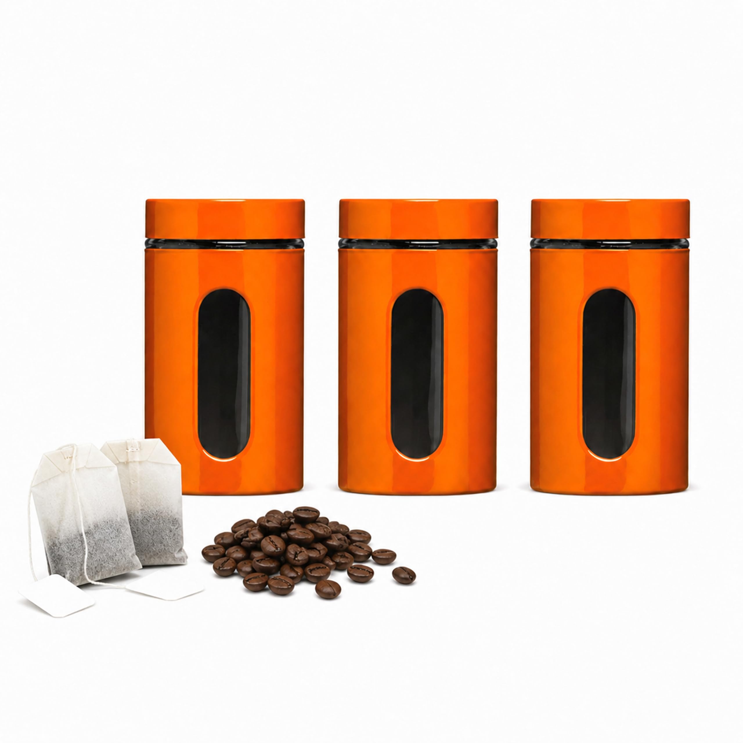 PREMIER Housewares 1209788 Set di 3 Barattoli, 1000 ml, in Smalto Arancione su Acciaio e Vetro