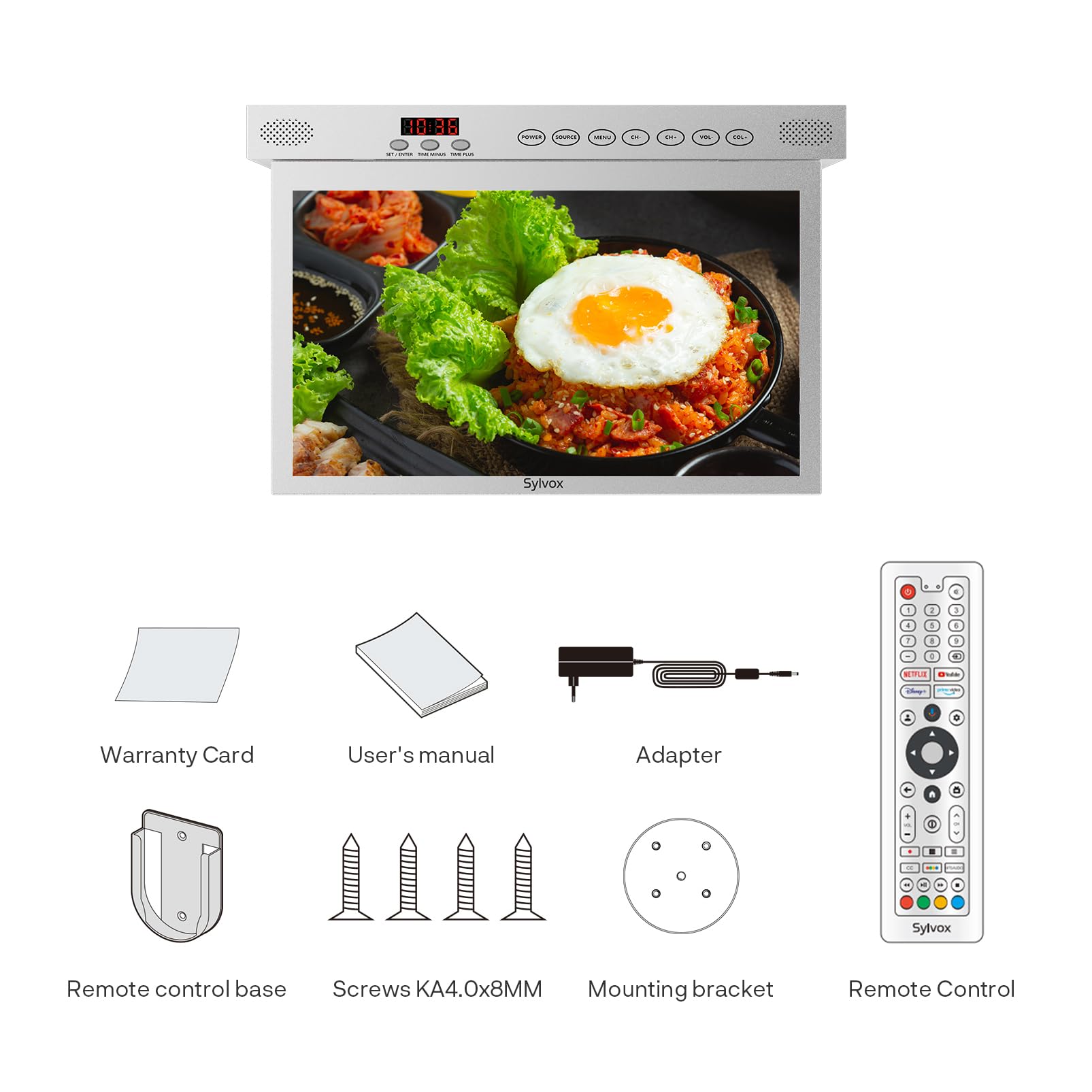 SYLVOX 15.6" TV per Cucina Ribaltabile,1080P FHD, Google 12V TV - Argento | Mini TV Pieghevole a 90°, Girevole ± 180°, DVB-T2/S2, HEVC 10 | USB | Kitchen Televisione per Camper, Camera