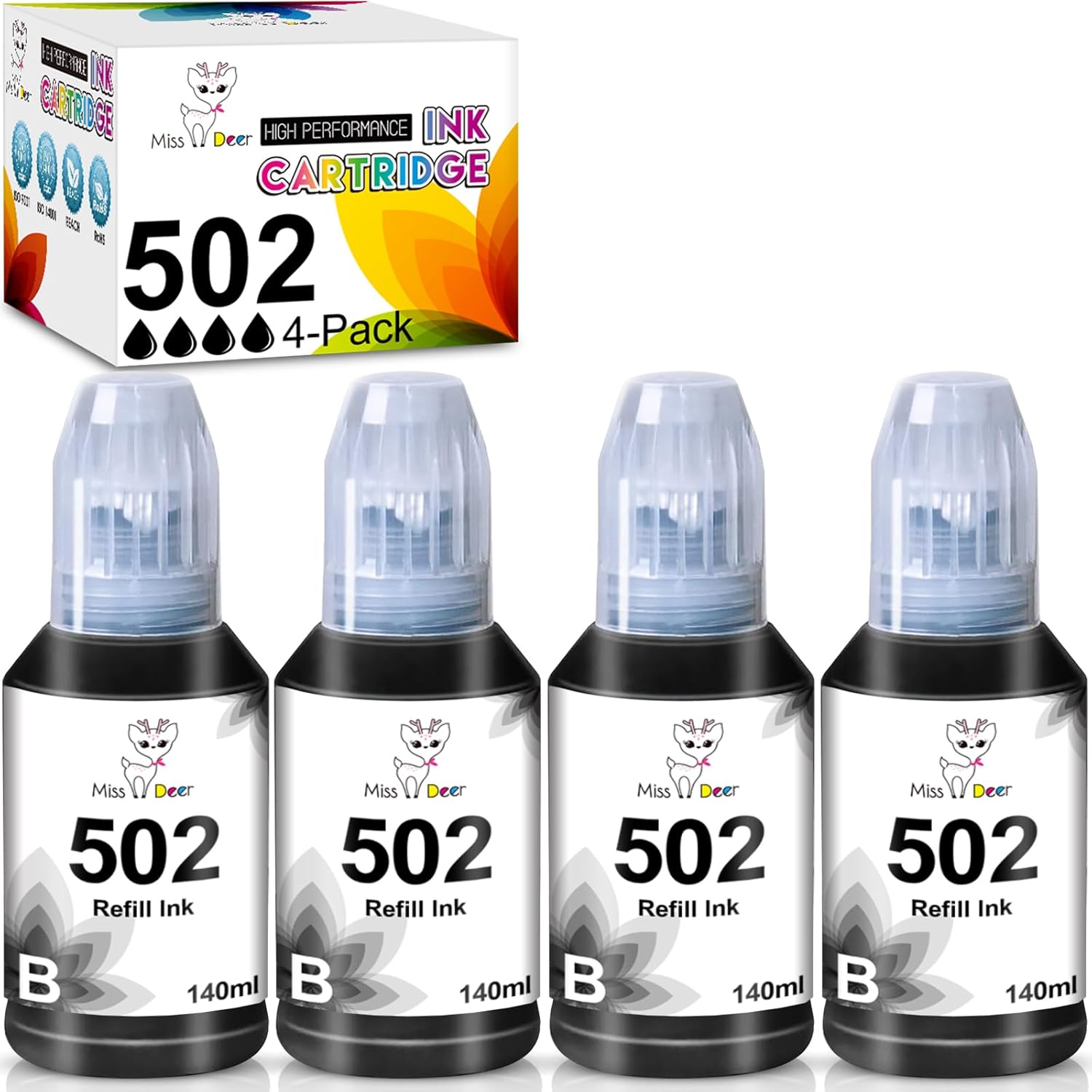 Miss Deer Compatible for 502 T502 Black Ink Refill Bottles, Work with ET-2760 ET-4760 ET-2750 ET-3760 ET-2850 ET-15000 ST-4000 ST-2000 ET-3710 ET-3850 ET-3750 ET-4850 ET-3830 Printer 4-Pack