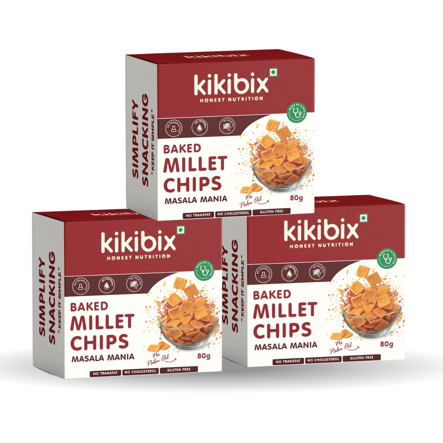 Kikibix Millet Masala Mania 100% Baked Healthy Chips Combo Pack of 3, Gluten Free, High Fibre, Multigrain(Jowar & Ragi) Crispy Snacks For Weight Loss, Chatpata Millets snack With No Palm Oil – 240 gm