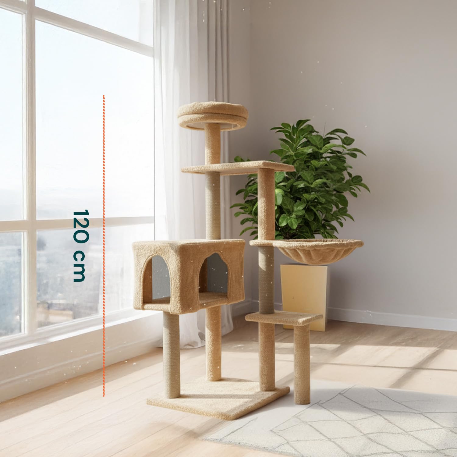 Avilia - Tiragraffi per Gatti 120 Cm Multilivello con Cuccia Chiusa e Amaca Laterale, Struttura con Colonne in Sisal e Giochi Pendente, Ideale per Uso Quotidiano in Casa (Beige)