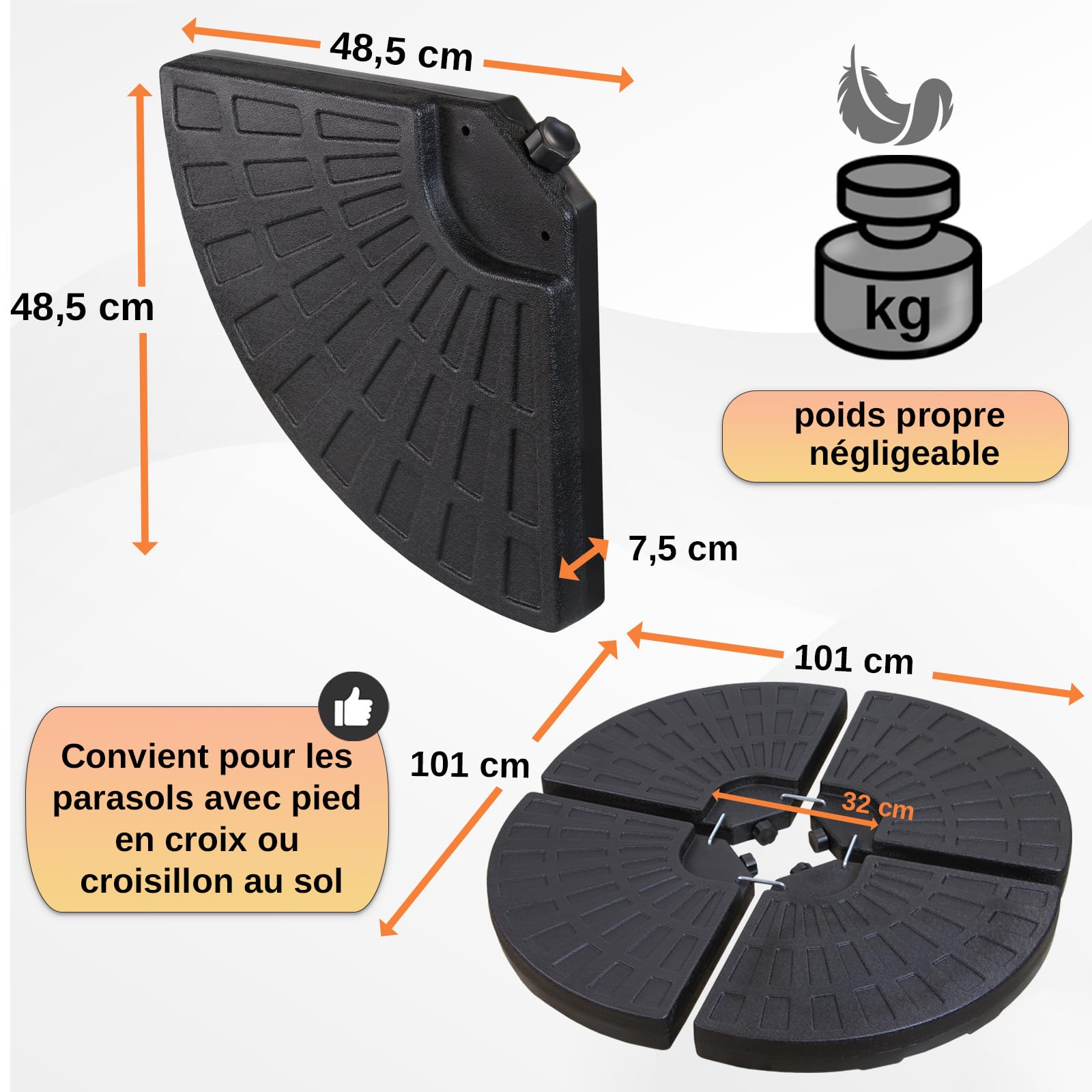 Montafox Lestage pour parasols Dalles de Parasol pour Parasol déporté - Pied en Croix Noir 52 litres / 85 kg - Peut être rempli d'eau ou de Sable
