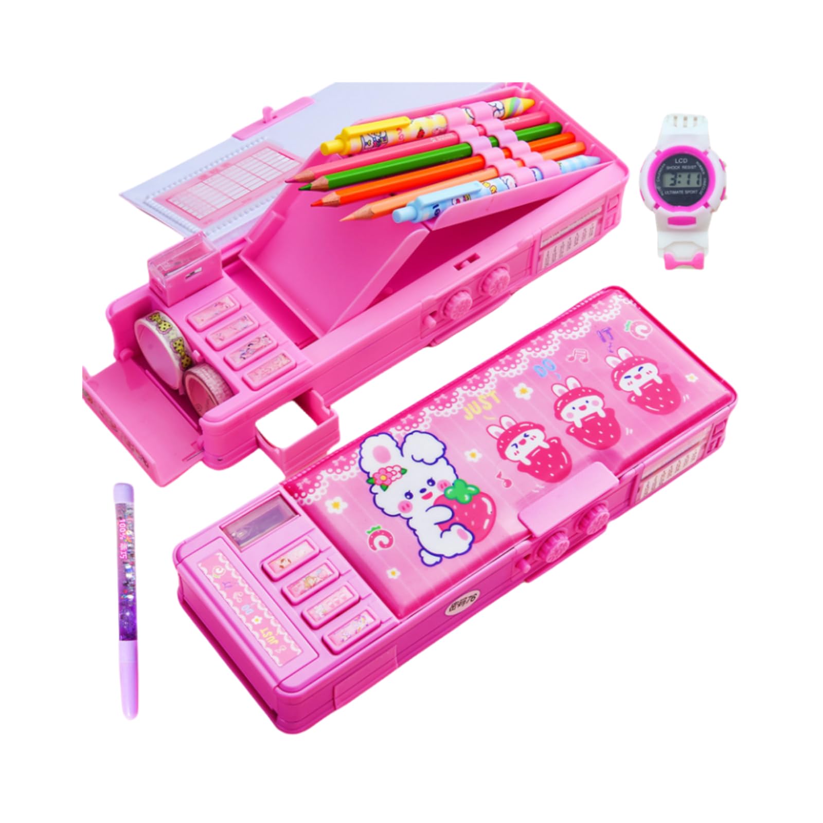 Astuccio Multifunzione Per Bambini LilyBeauty - Con Serratura, Temperino, Orologio, Rosa - Foto 8